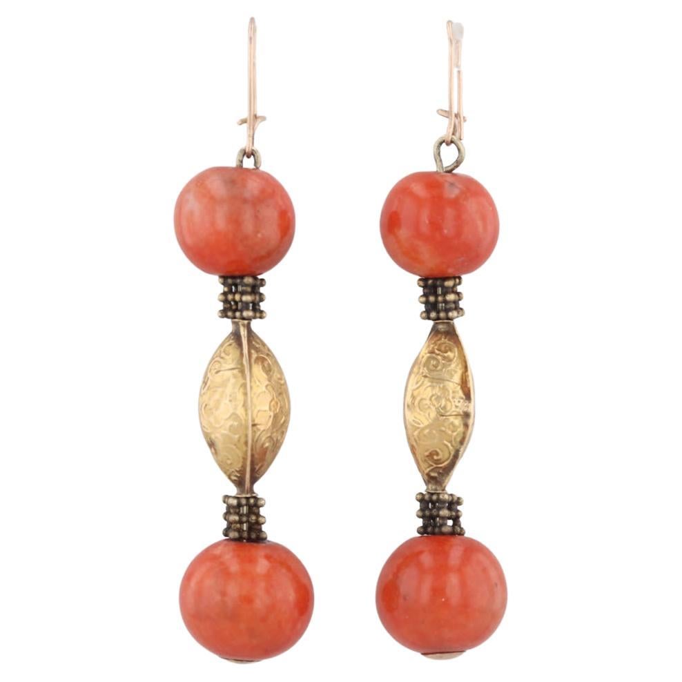 Antique Coral Bead Dangle Earrings 18k Gold Ornate Floral Drops Hook Posts