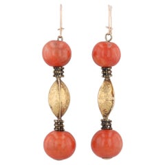 Antique Coral Bead Dangle Earrings 18k Gold Ornate Floral Drops Hook Posts
