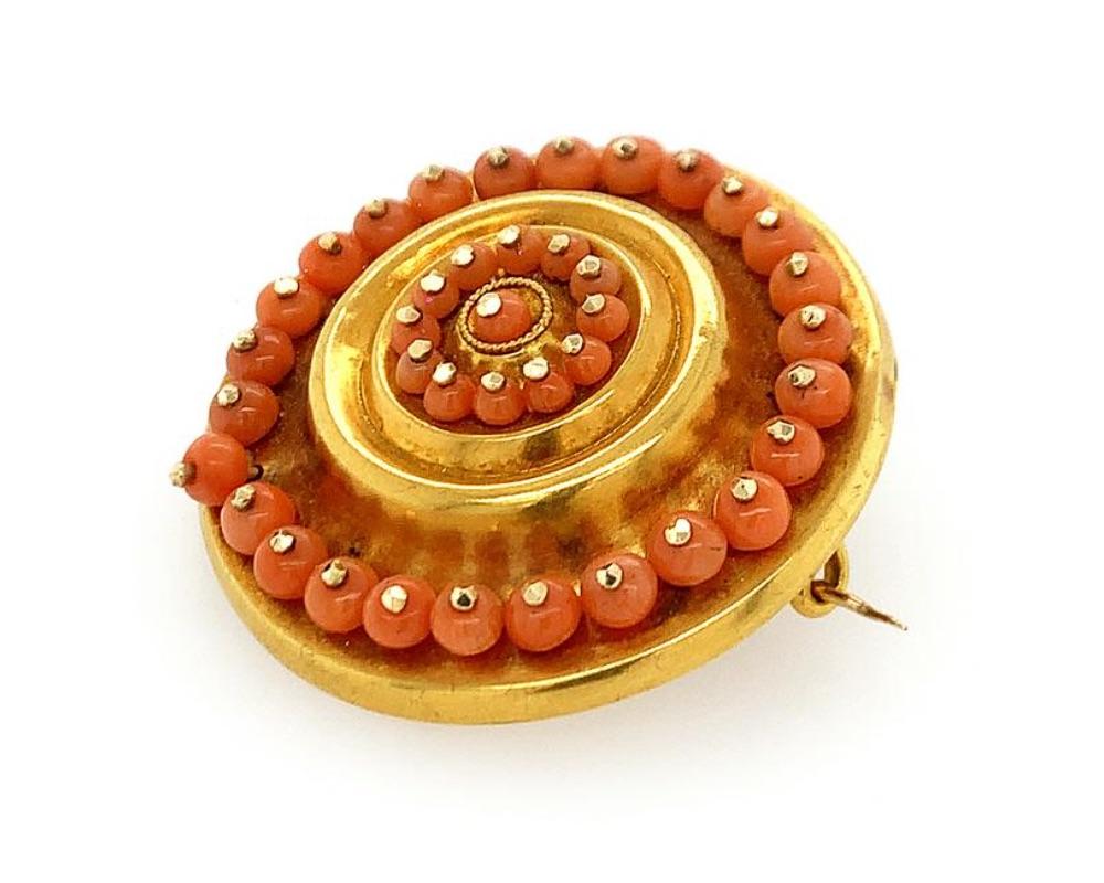 18K Y/gold coral bead pin/locket, measures 1 1/2 inches in diameter, weight 8.3 dwt