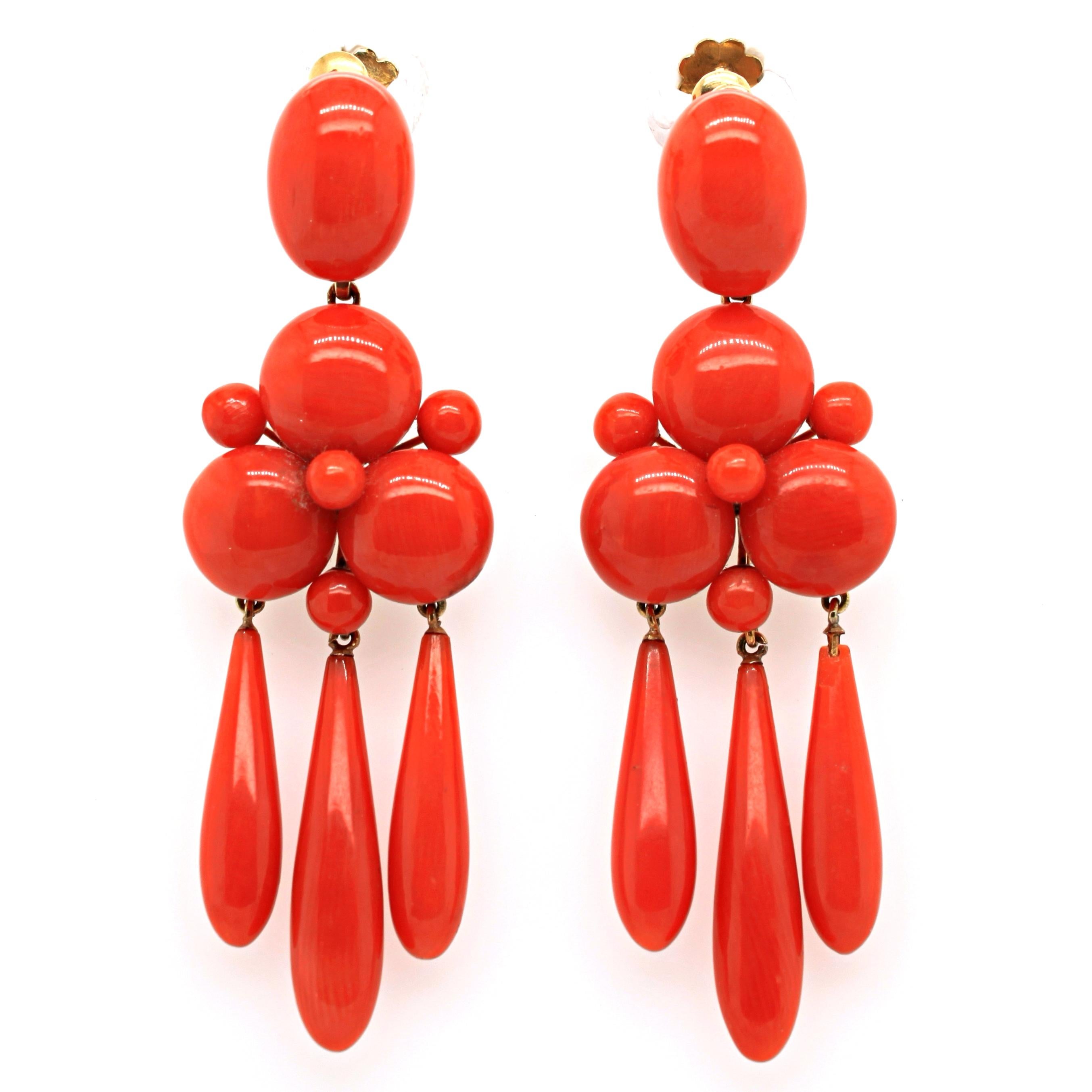Round Cut Antique Coral Button and Drop Earrings and Necklace, circa 1900