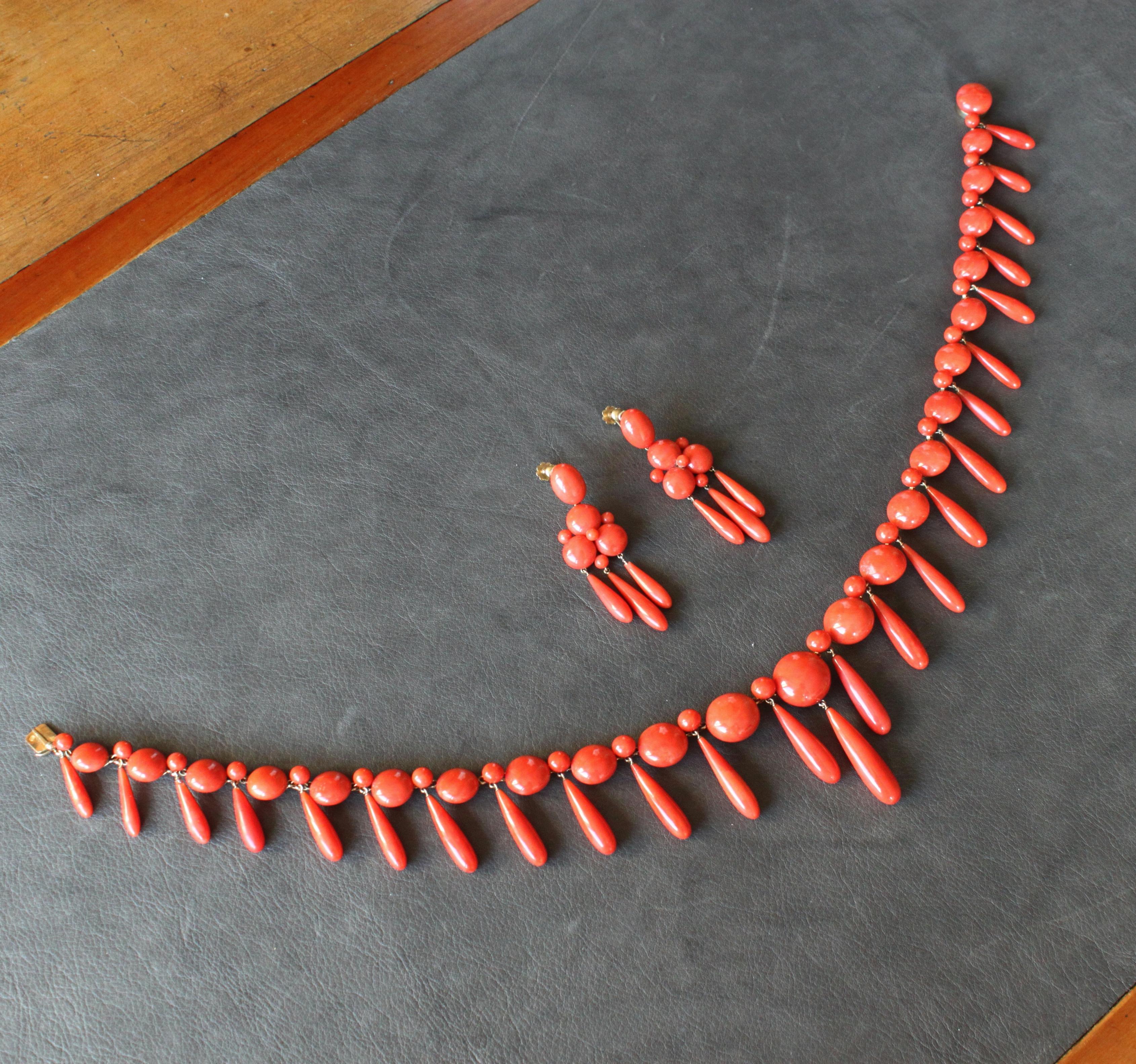 Women's Antique Coral Button and Drop Earrings and Necklace, circa 1900