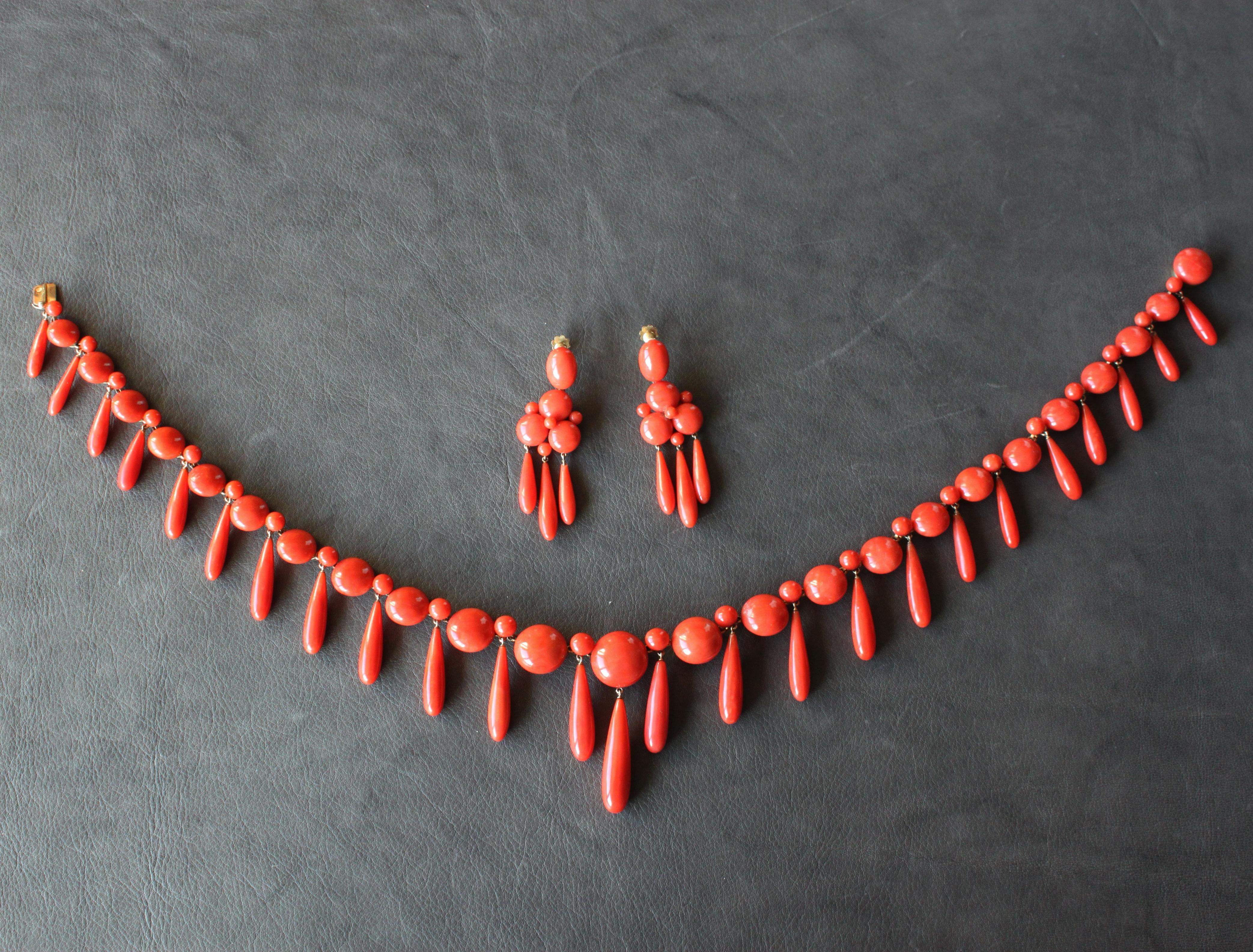 Antique Coral Button and Drop Earrings and Necklace, circa 1900 1