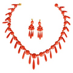 Antique Coral Button and Drop Earrings and Necklace, circa 1900