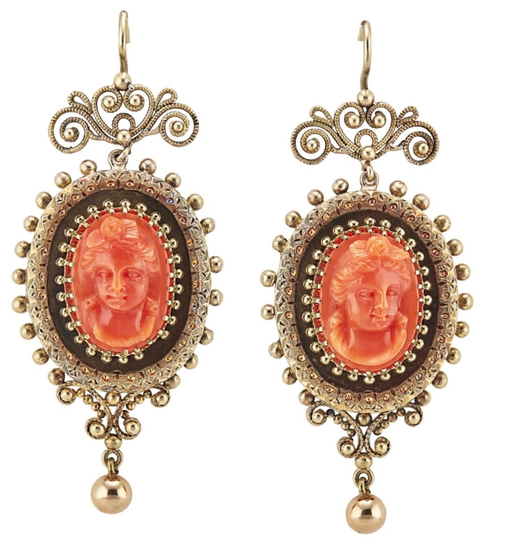 Antique Coral Cameo Earring in 14 karat yellow gold. 1850 1900
