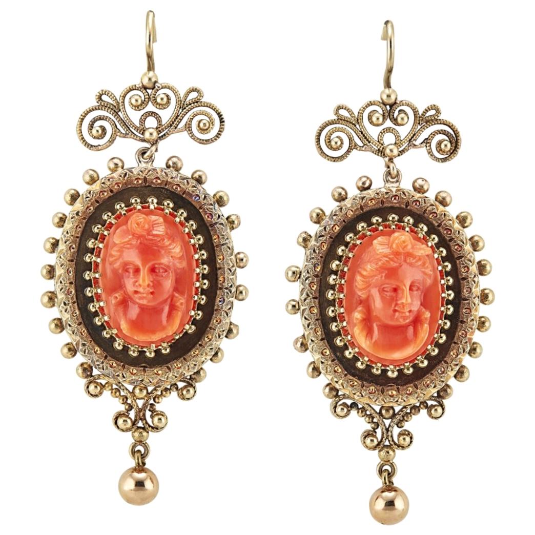 Antique Coral Cameo Earrings For Sale