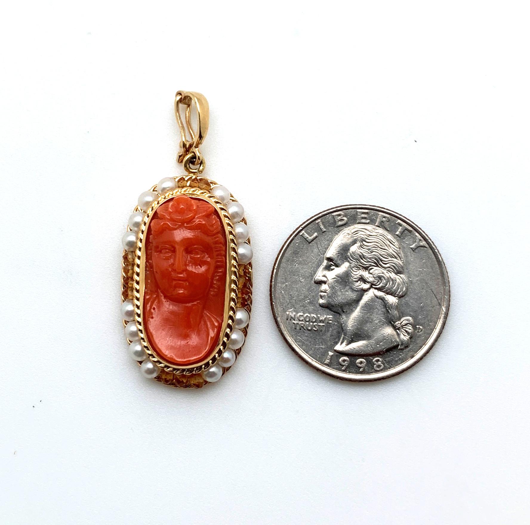 Women's Antique Coral Cameo, Seed Pearl, Citrine, 18k Handmade Filigree Drop Enhancer