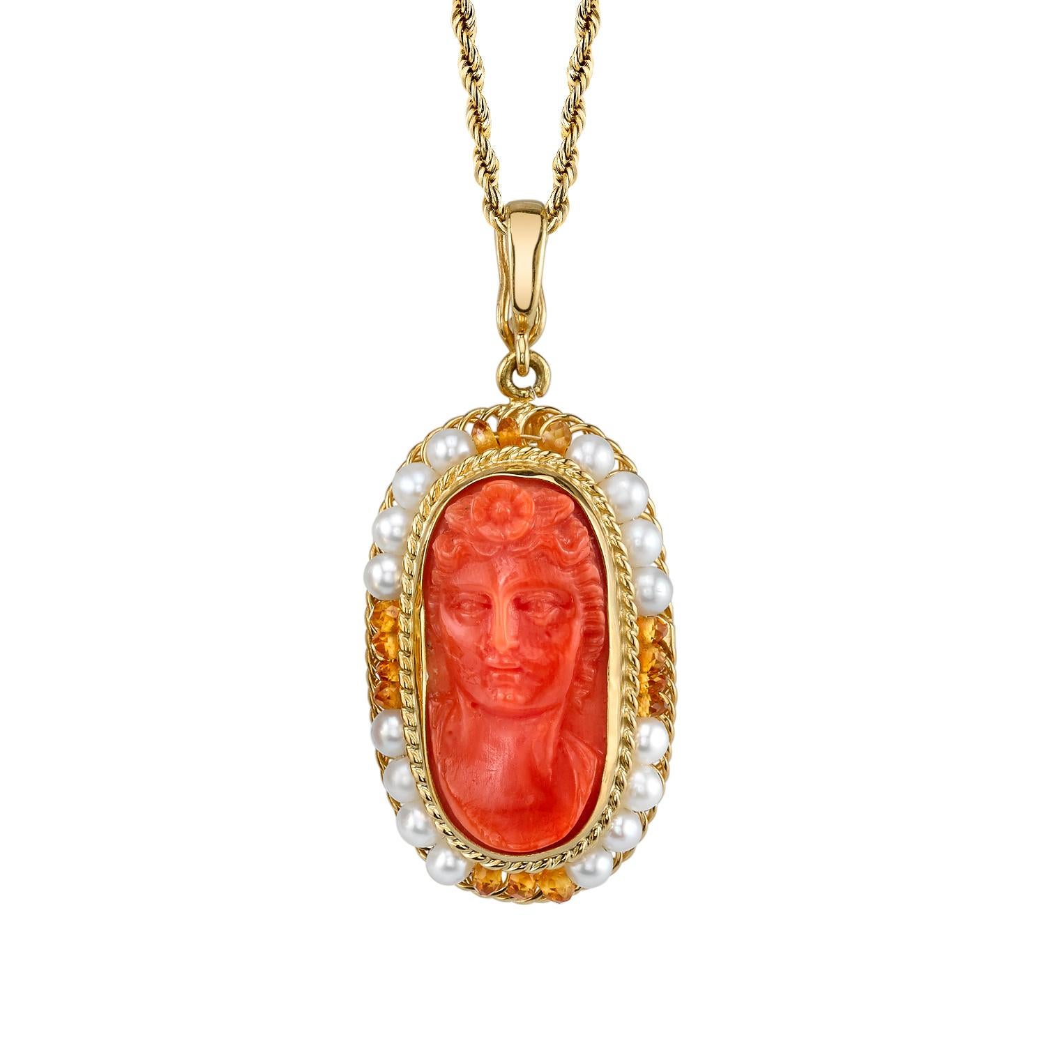 Antique Coral Cameo, Seed Pearl, Citrine, 18k Handmade Filigree Drop Enhancer