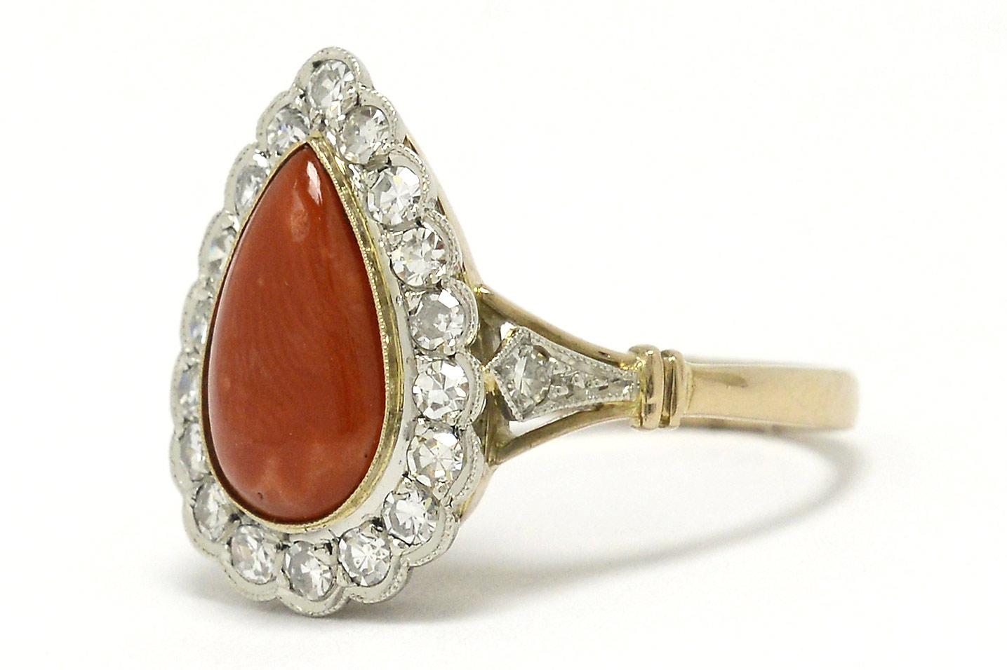Antique Coral Cocktail Ring Diamond Halo Pear Teardrop Ox Blood Coral 2-Tone In Good Condition In Santa Barbara, CA