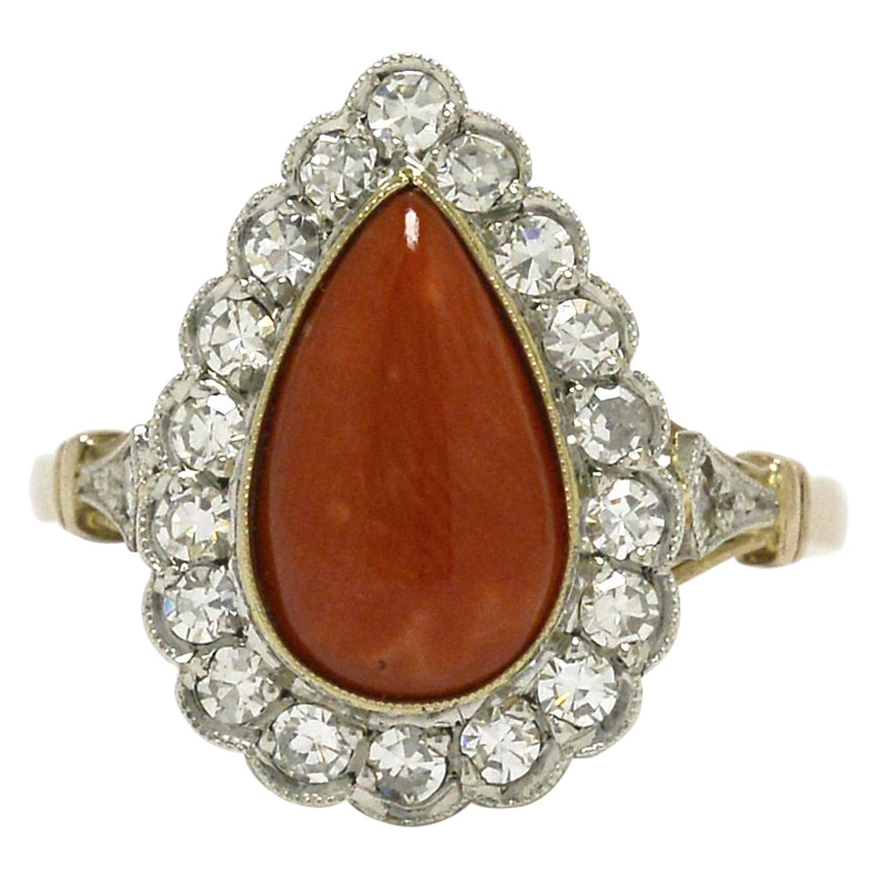 Antique Coral Cocktail Ring Diamond Halo Pear Teardrop Ox Blood Coral 2-Tone