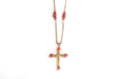Antique Coral Cross Gold Necklace, Victorian Christian Necklace 18k Gold