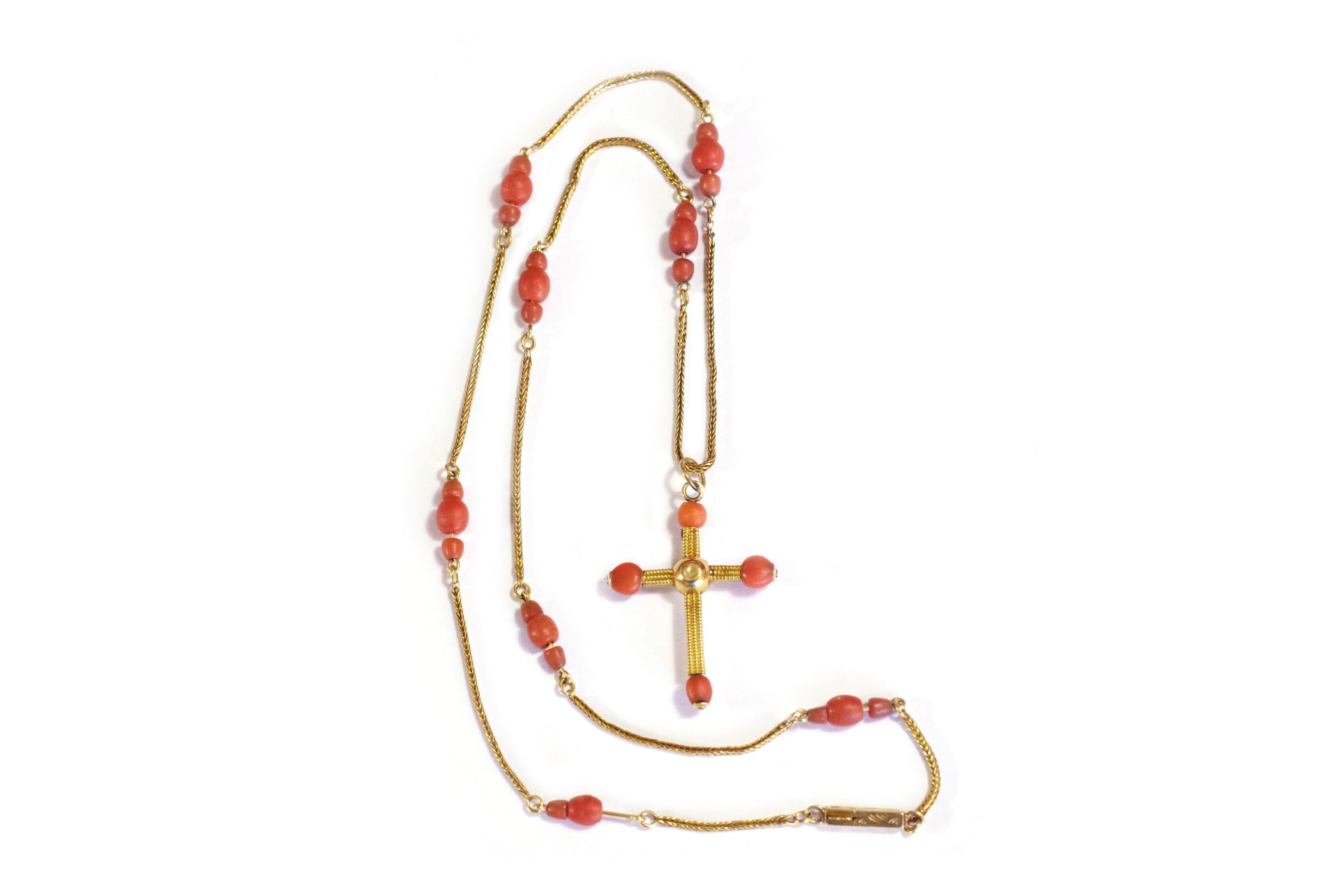 Women's or Men's Antique Coral Cross Gold Necklace, Victorian Christian Necklace 18k Gold For Sale