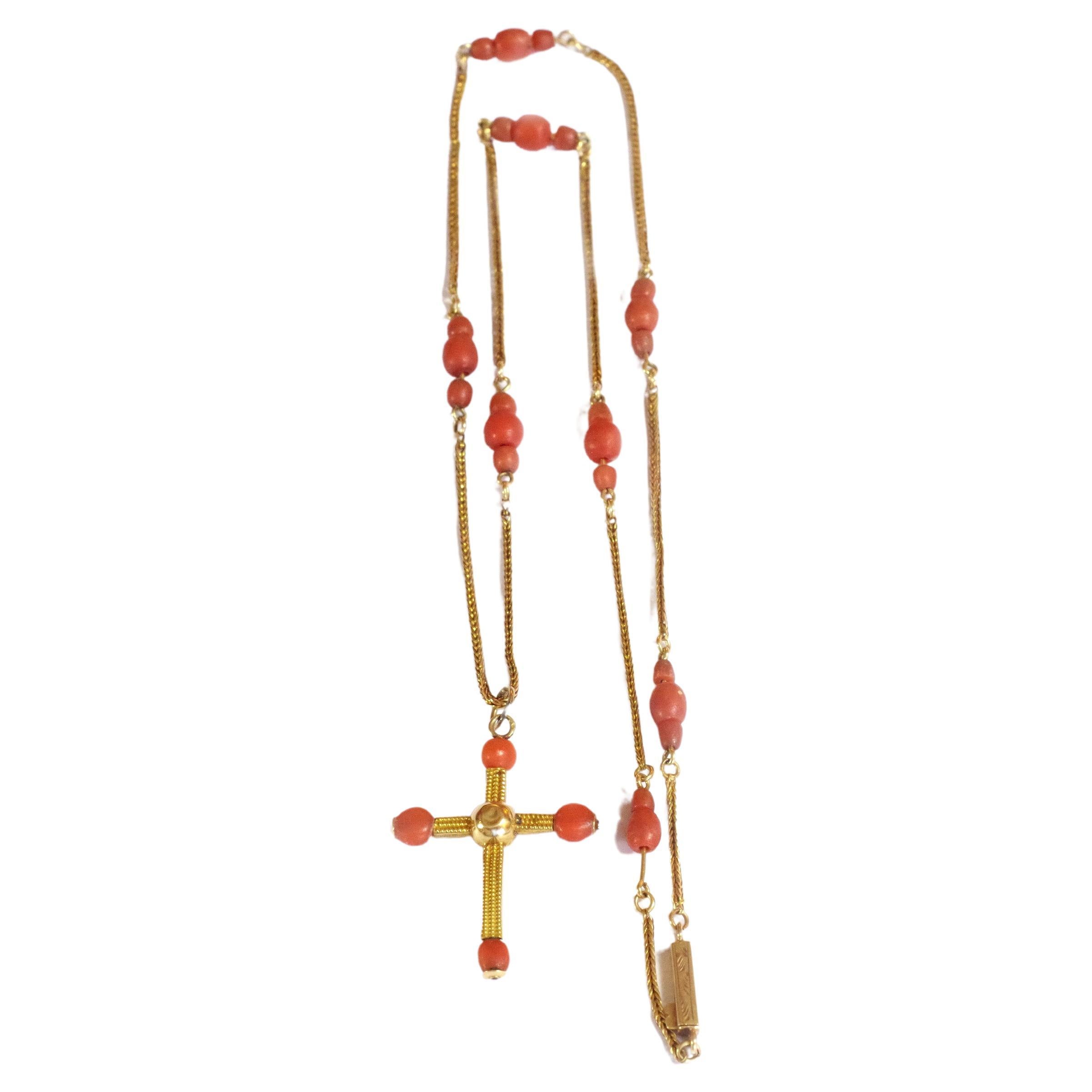Antique Coral Cross Gold Necklace, Victorian Christian Necklace 18k Gold For Sale