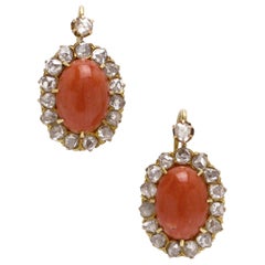 Antique Coral Diamond Dangle Earrings Victorian Rose Cut Drop Style Oval Halo