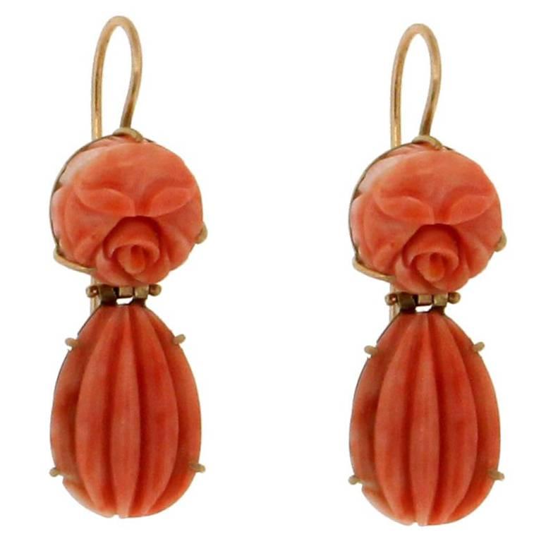 Coral Gold Drop Earrings