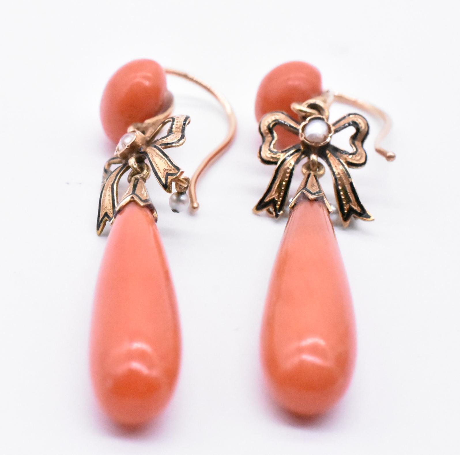 Women's Antique Coral Earrings with Pearls and Enamel Bow For Sale