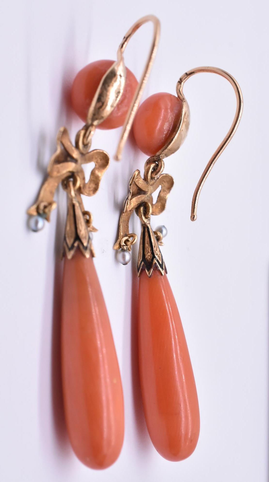 Antique Coral Earrings with Pearls and Enamel Bow For Sale 1