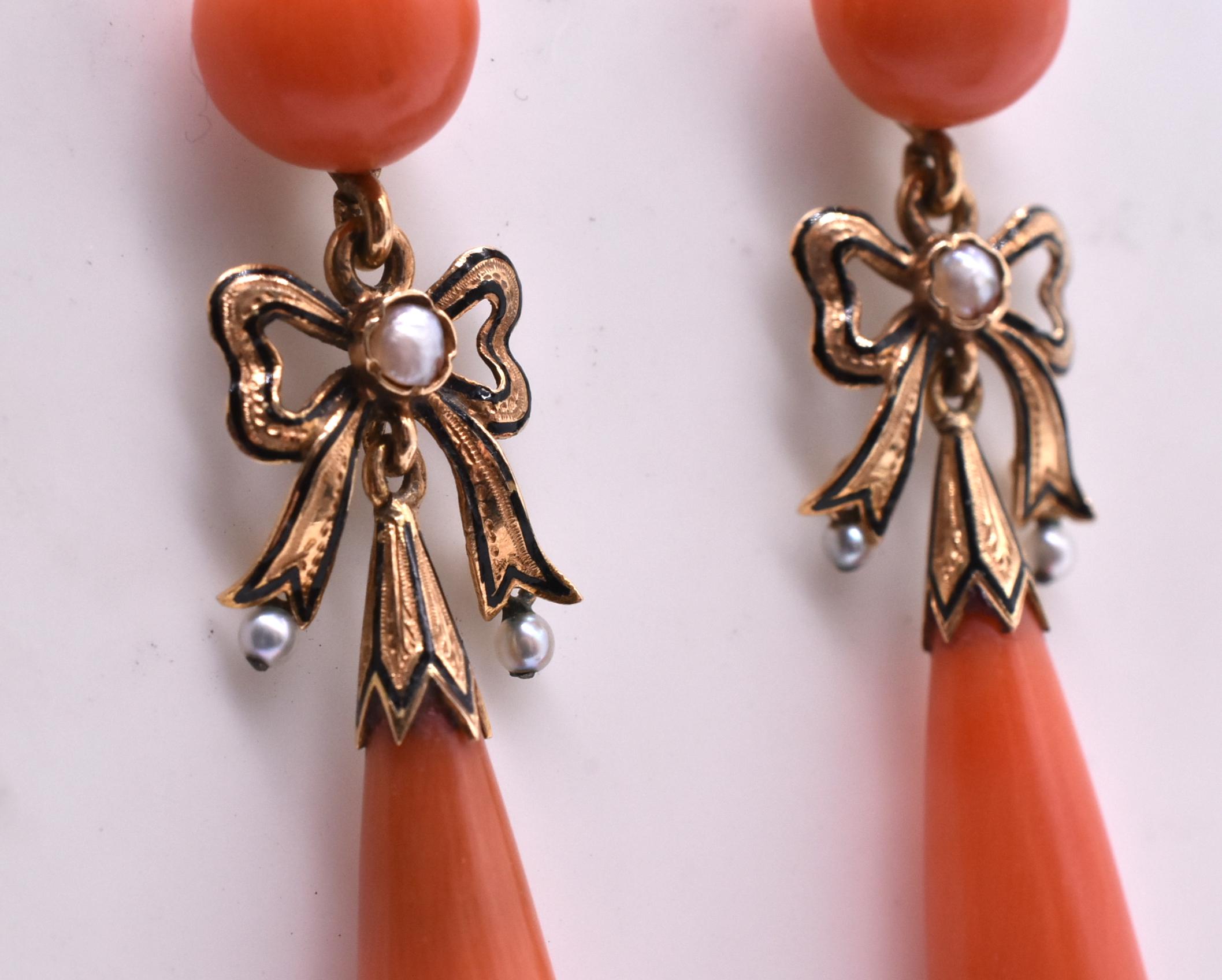 Cabochon Antique Coral Earrings with Pearls and Enamel Bow For Sale