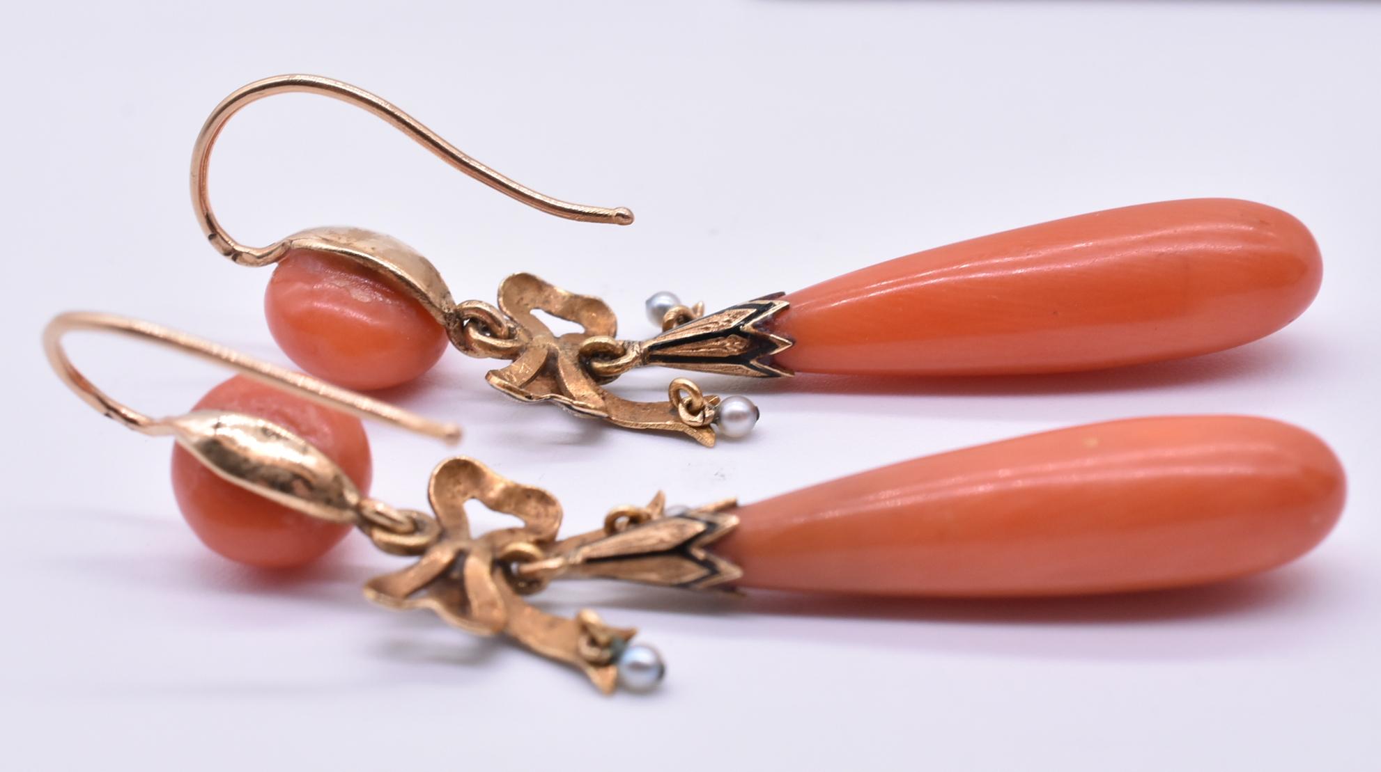 Antique Coral Earrings with Pearls and Enamel Bow In Excellent Condition For Sale In Baltimore, MD