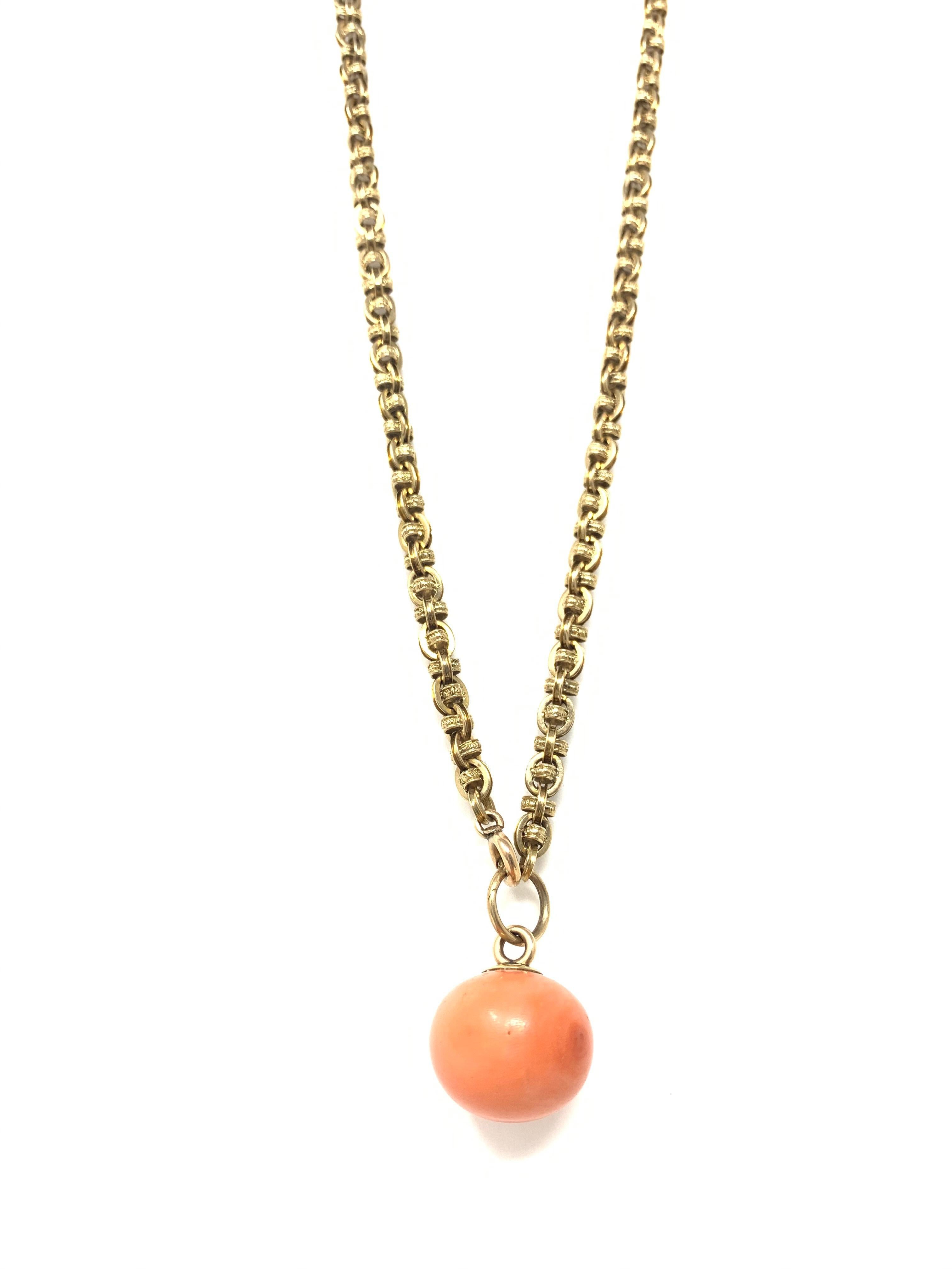 Moguldiam Inc Antique Coral Gold Necklace. 
Coral Measurements : 18mm-18mm-15mm 
Necklace length : 11 1/4 inches with pendant 
10 1/2 inches without pendant