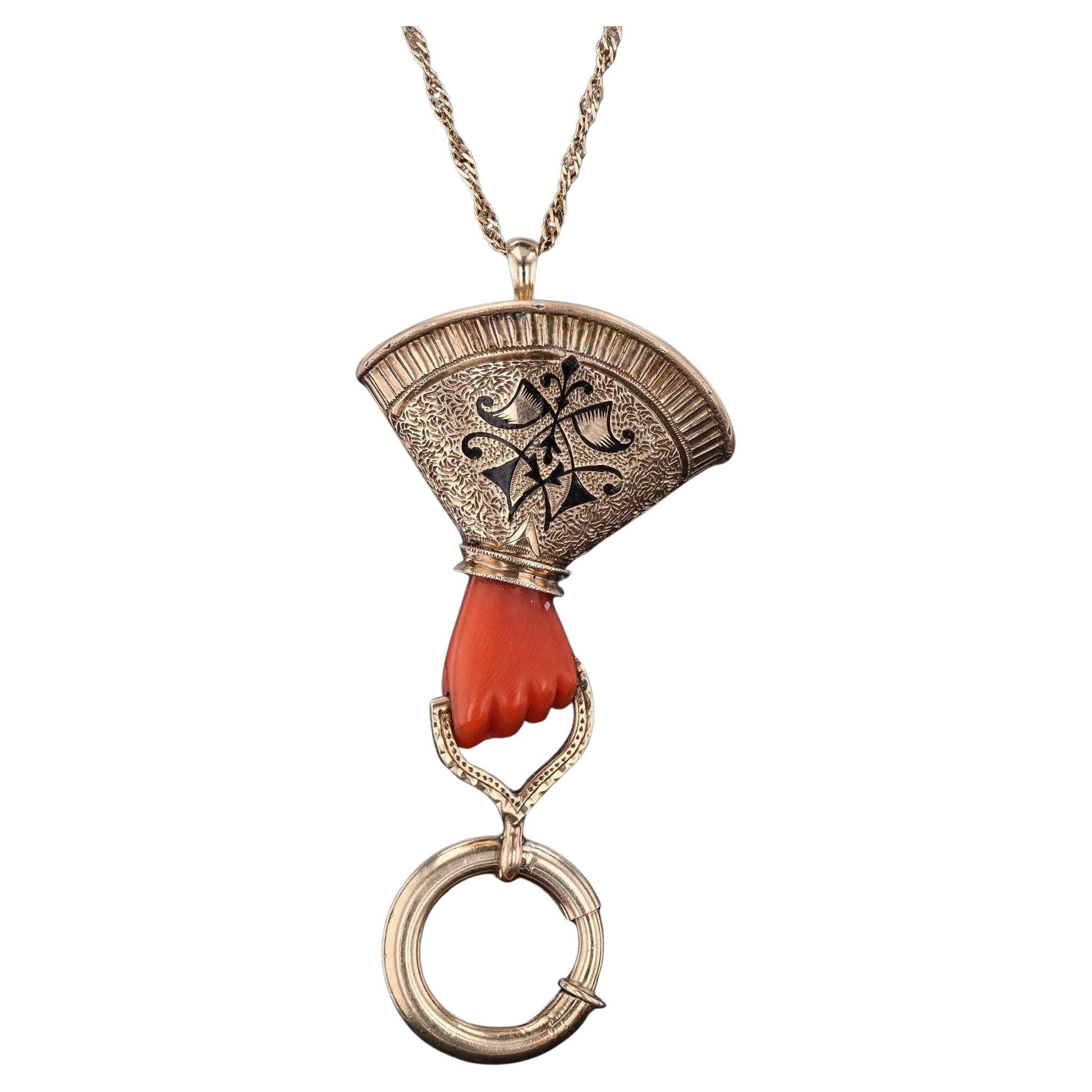 Antique Coral Hand Charm Holder Necklace of 14k Gold