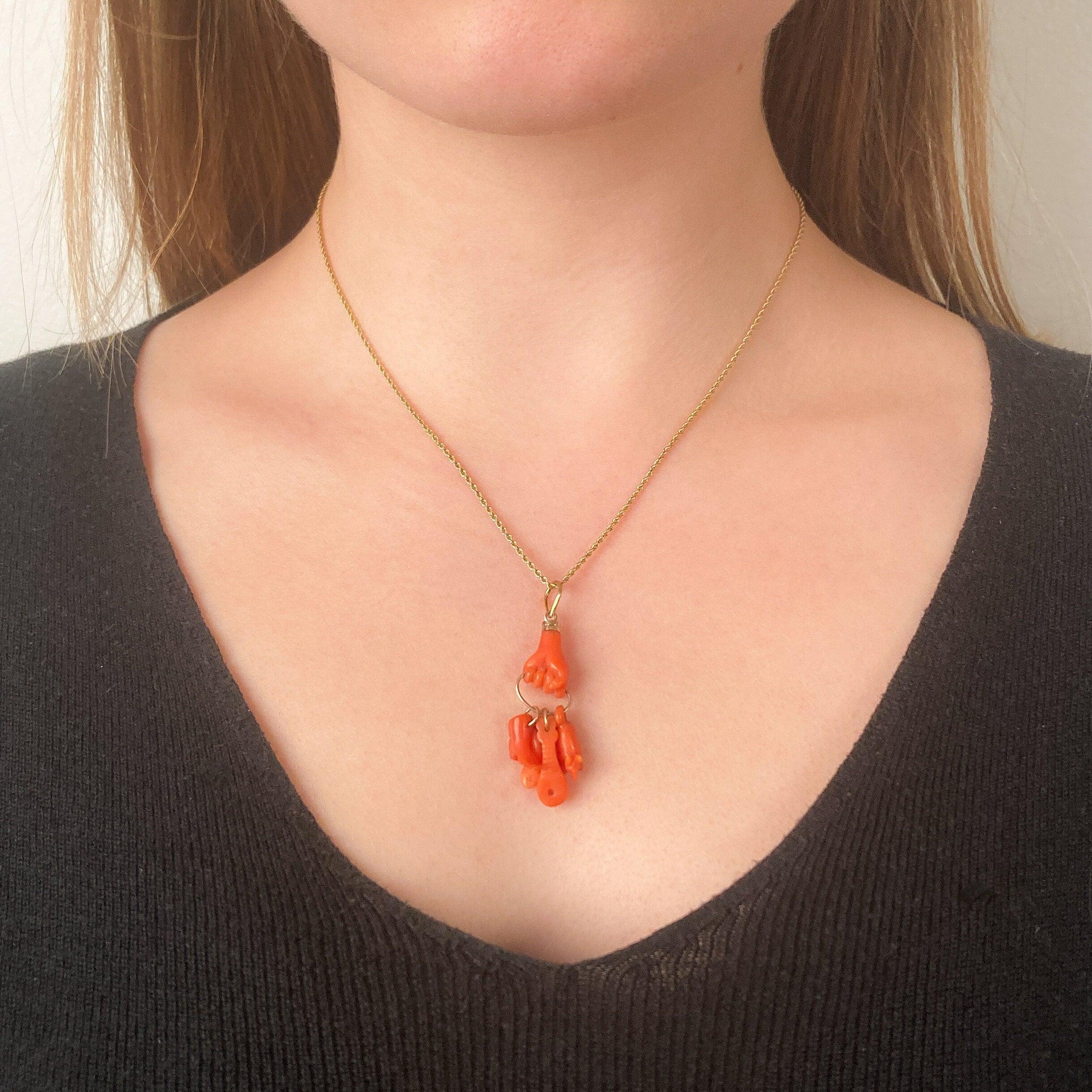 Antique Coral Hand Charm Necklace of 14k Gold In Good Condition For Sale In Lewisburg, PA