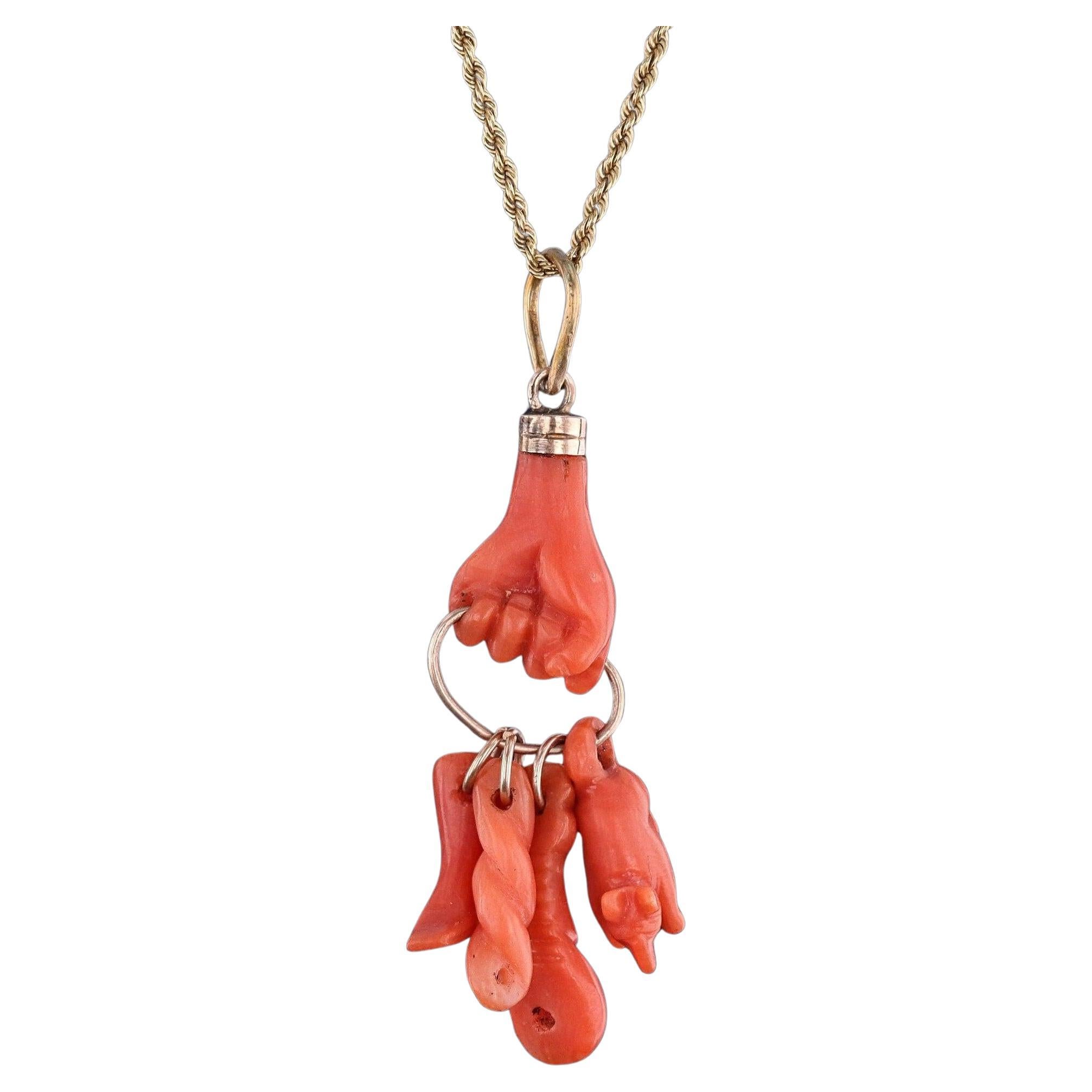 Antique Coral Hand Charm Necklace of 14k Gold