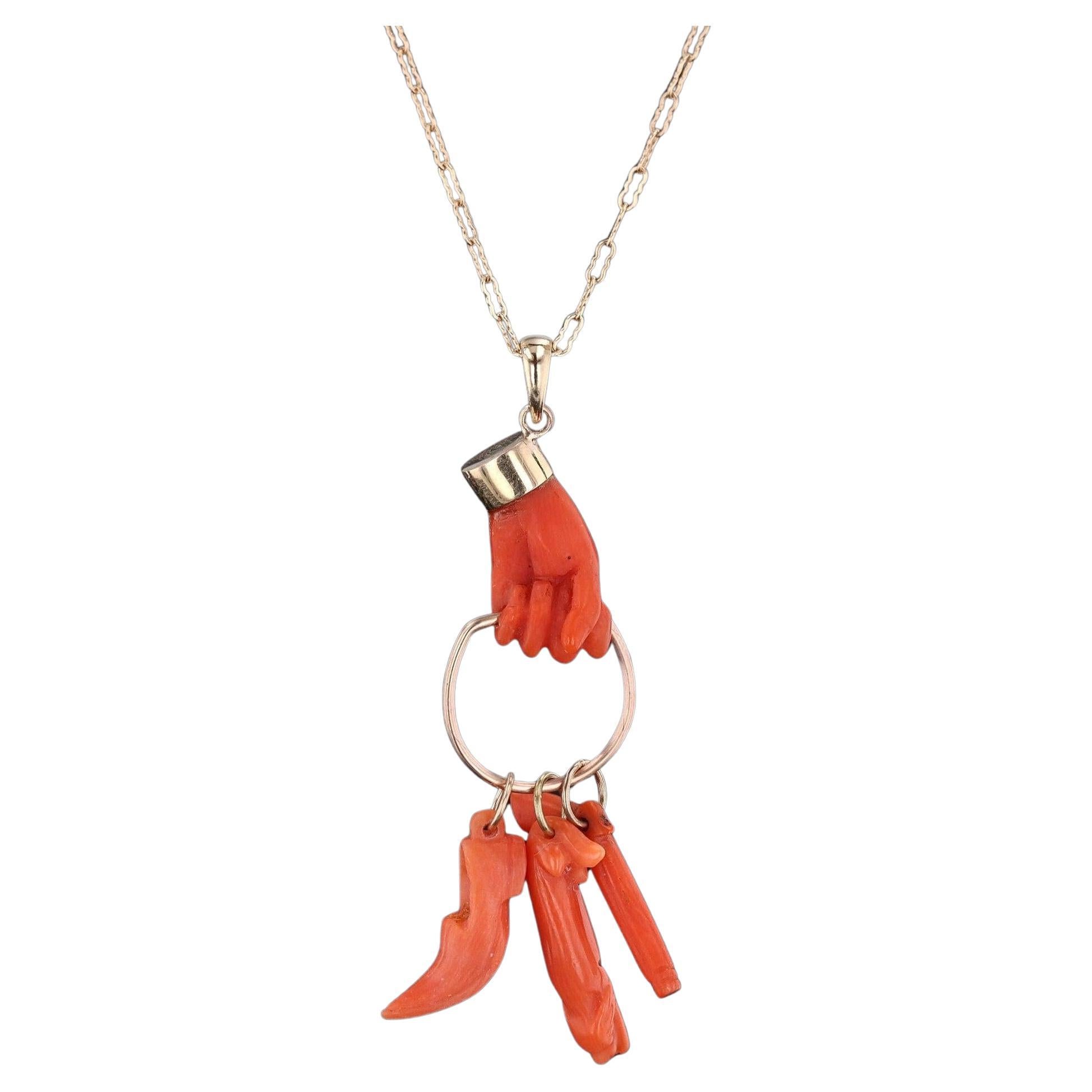 Antique Coral Hand Necklace of 14k Gold