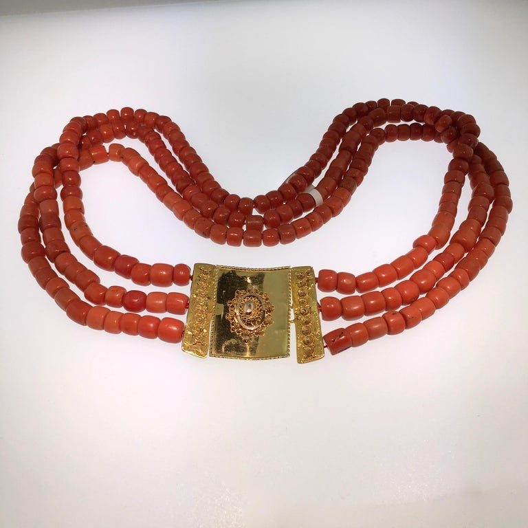 Antique Coral, Necklace, 3Strand, Yellow Gold, 1860, Dutch Costume