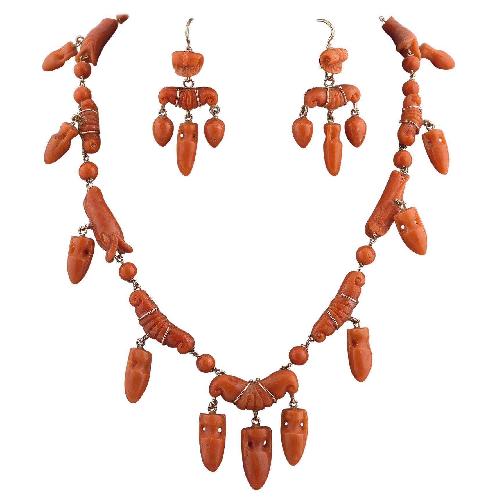 Antique Carved Necklace and Earrings, circa 1860 For Sale