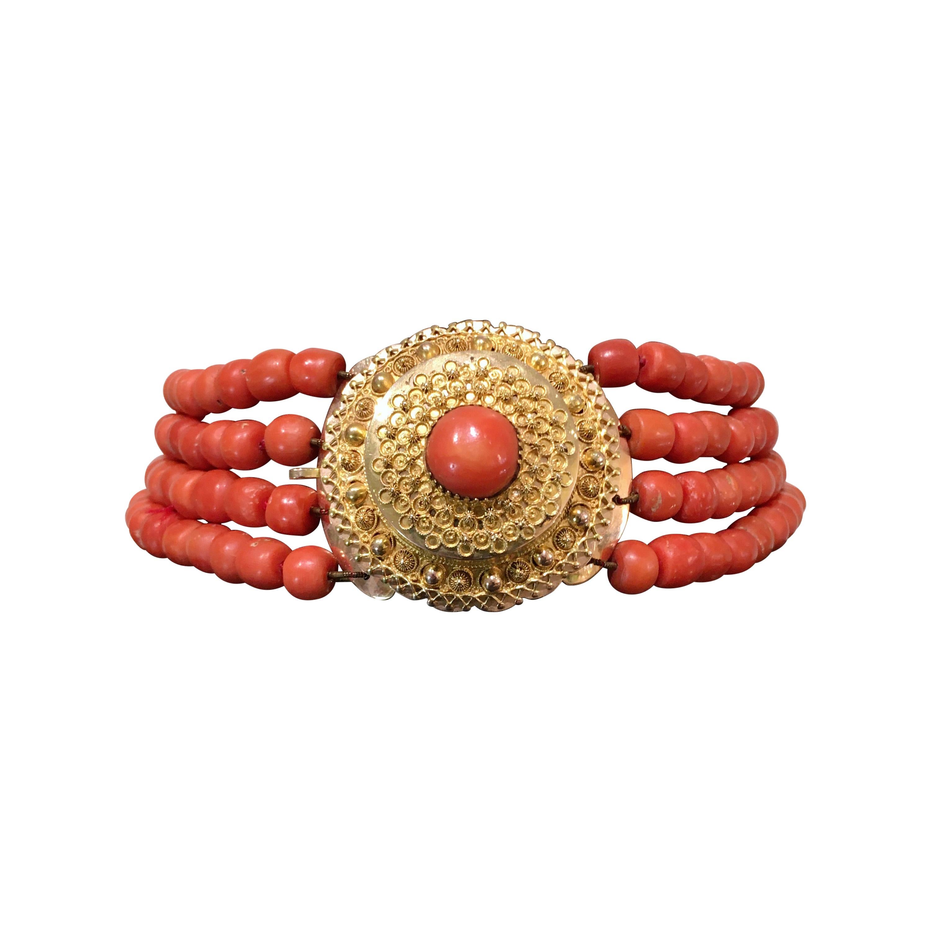 Victorien Collier en corail ancien, or, bijou de costume néerlandais, 1880