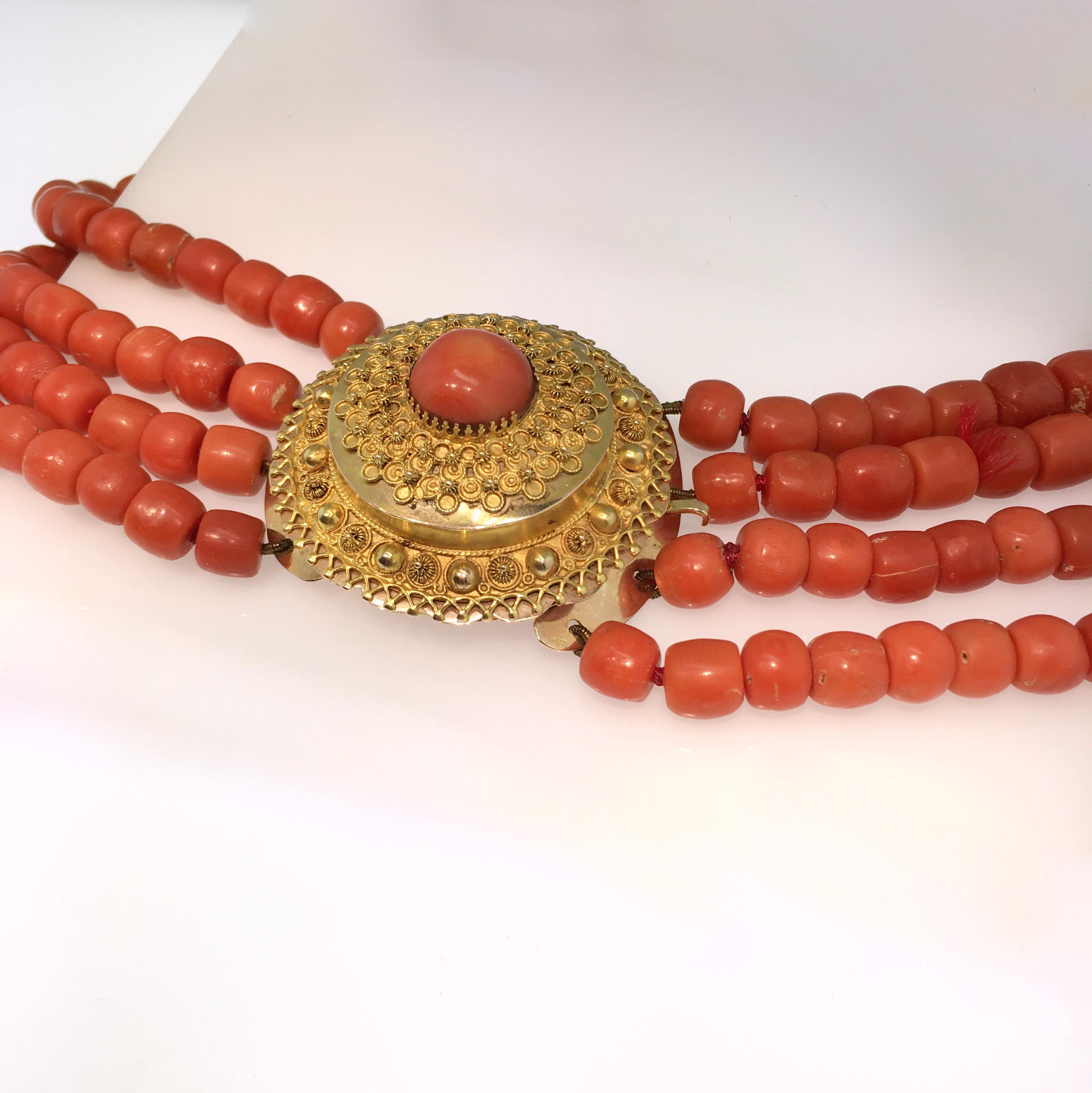 Collier en corail ancien, or, bijou de costume néerlandais, 1880 1