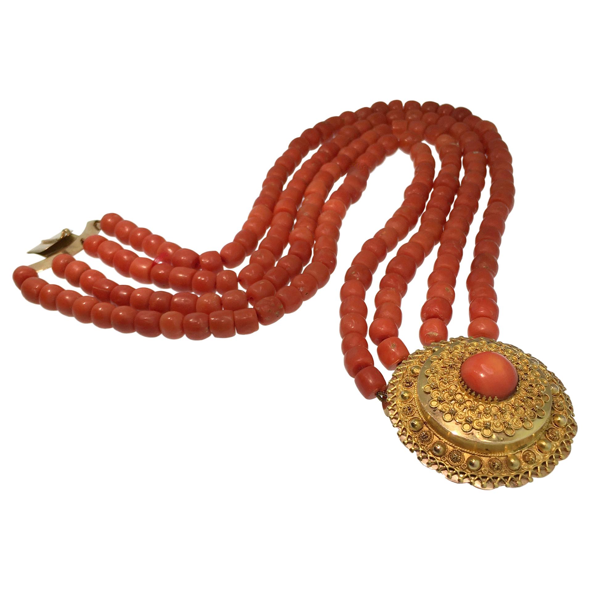 Antique Coral, Necklace, Gold, 1880, Dutch Costume Jewelry
