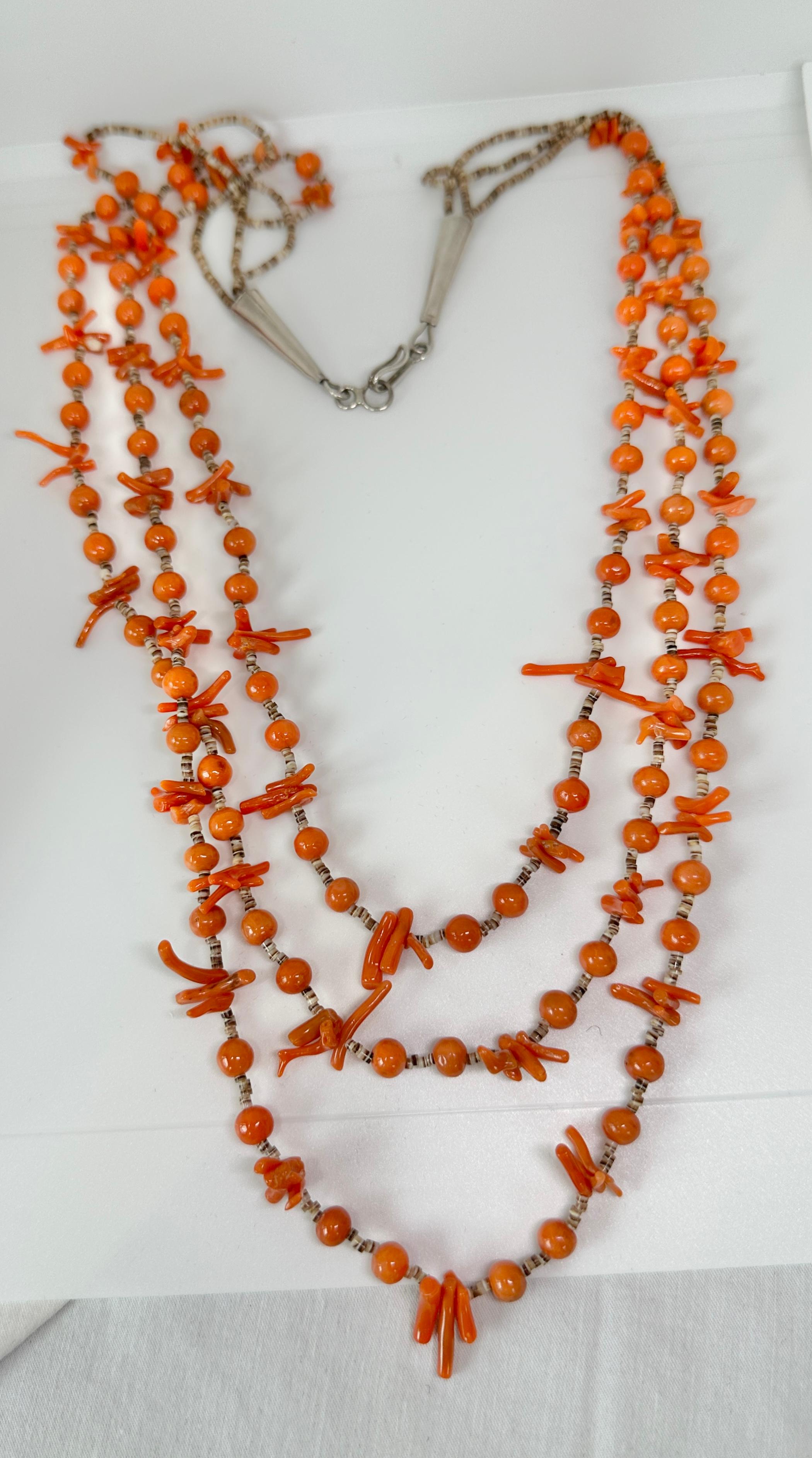 Women's or Men's Antique Coral Necklace Native American Indian Santo Domingo Pueblo Heishi Beads  For Sale