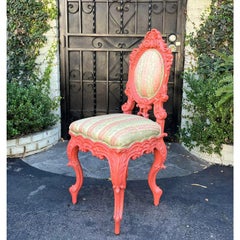 Antique Coral Painted Portuguese Petite Striped Chair, 19th Century