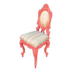 Antique Coral Painted Portuguese Petite Striped Chair, 19th Century