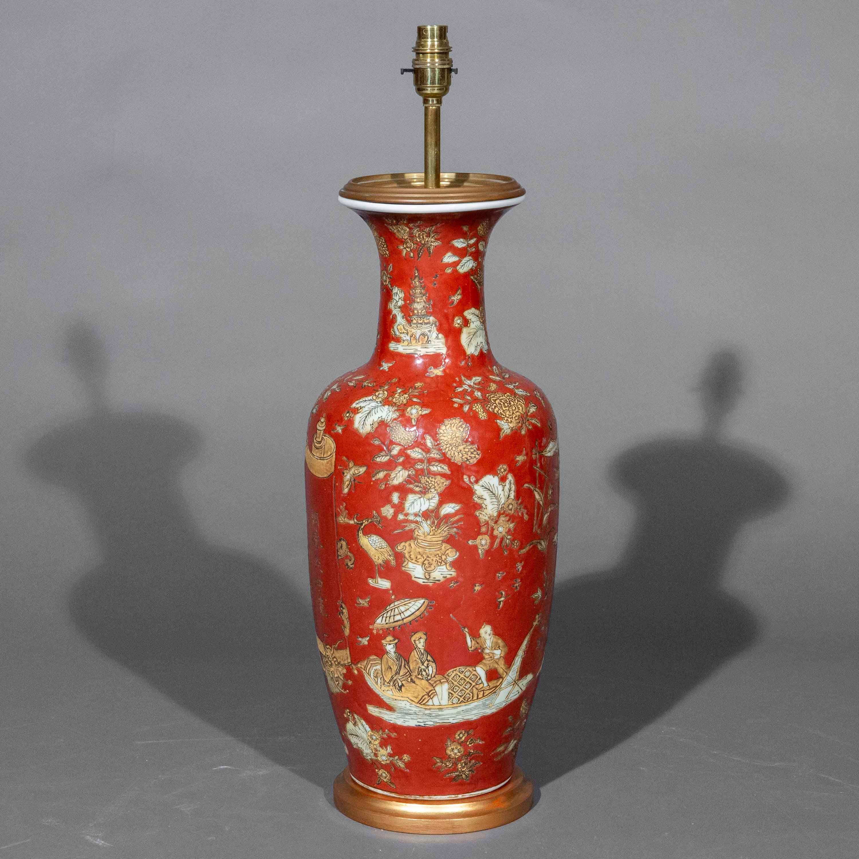 Chinese Antique Coral Red Chinoiserie Vase Lamp