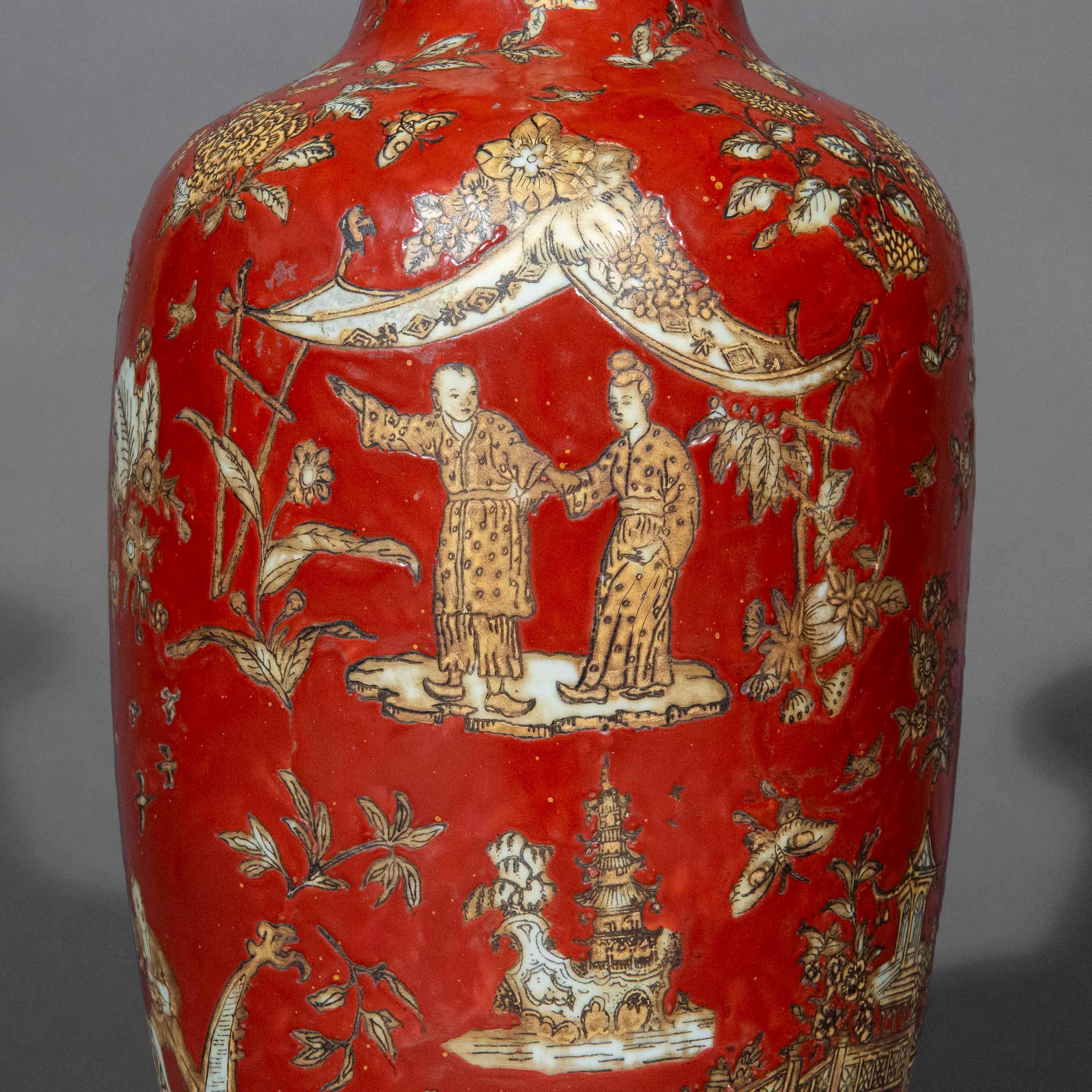 Antique Coral Red Chinoiserie Vase Lamp In Good Condition In Richmond, London