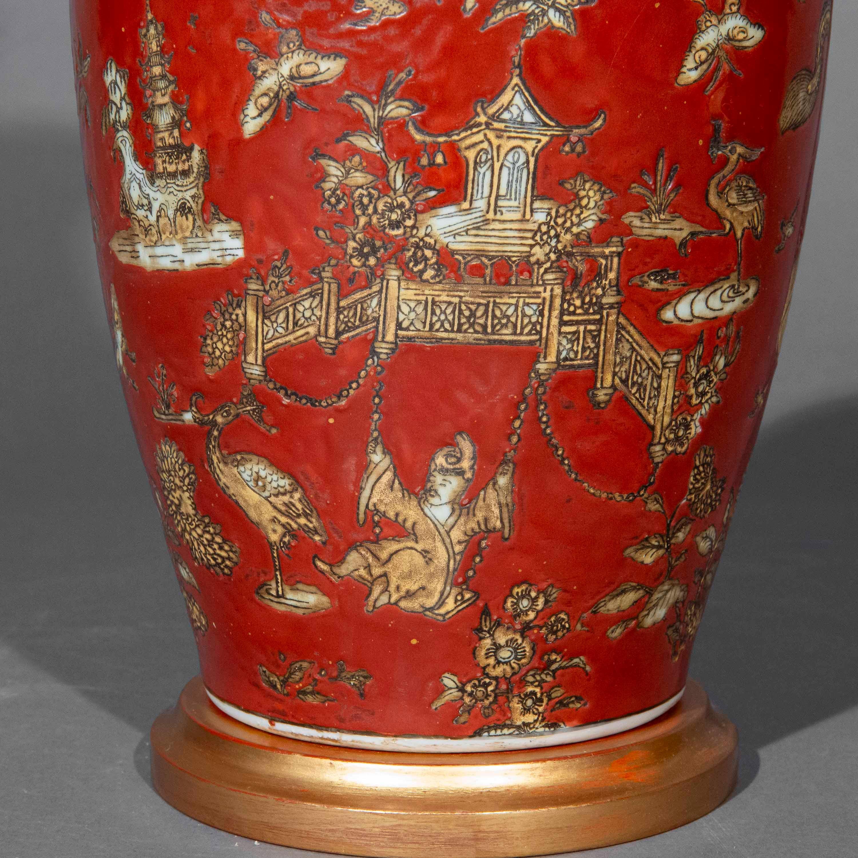 20th Century Antique Coral Red Chinoiserie Vase Lamp