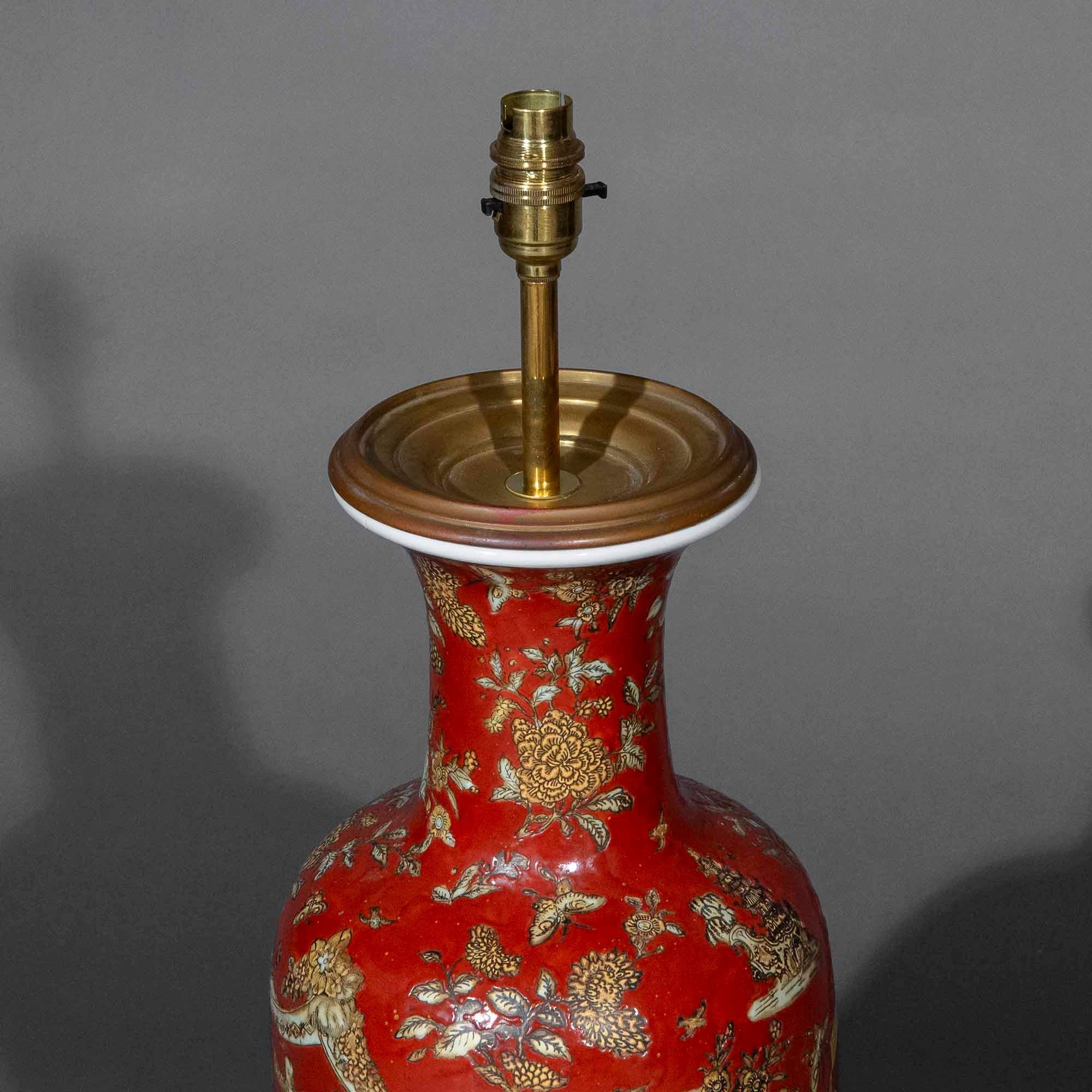 Porcelain Antique Coral Red Chinoiserie Vase Lamp