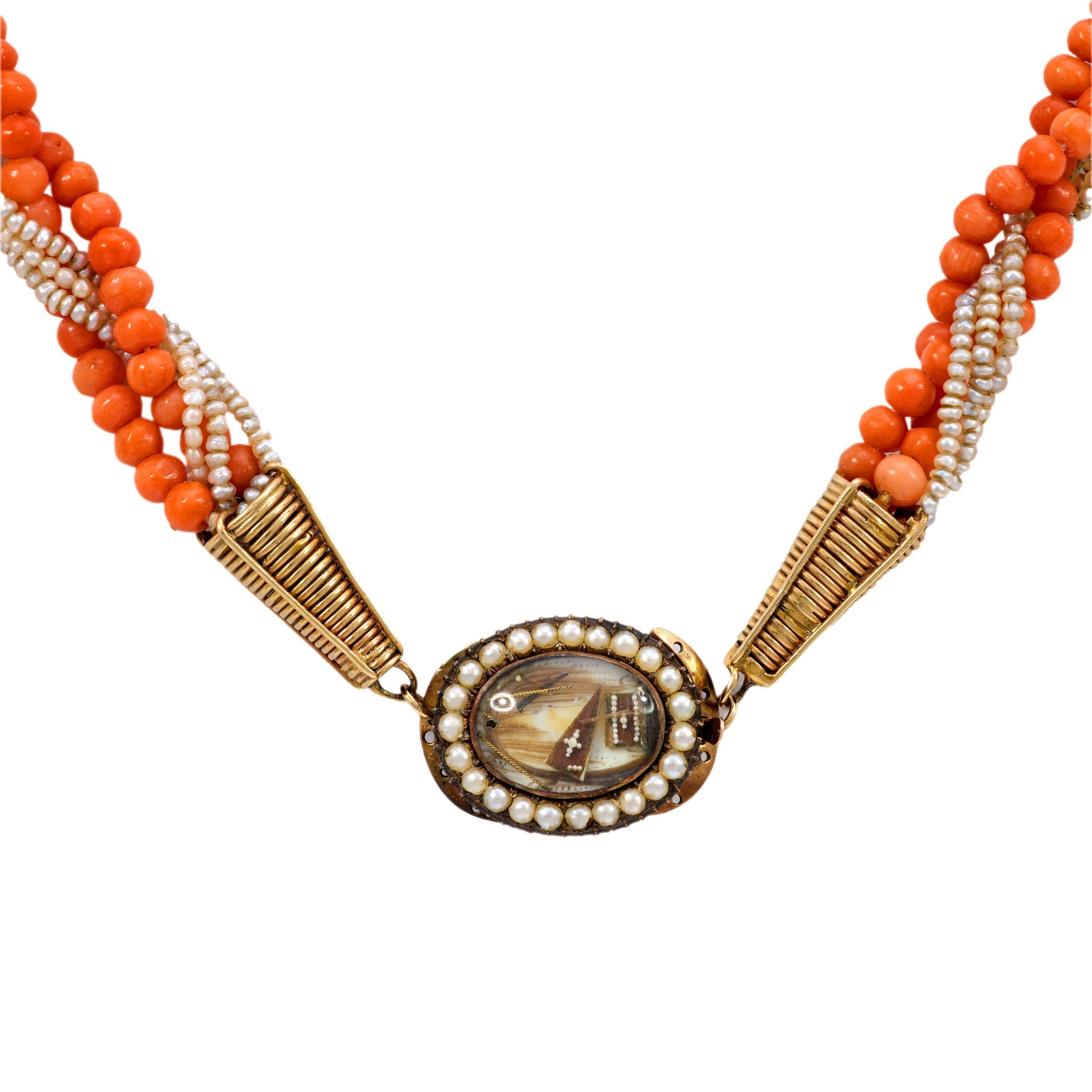 Victorian Antique coral seed pearl 14k yellow gold mourning necklace For Sale