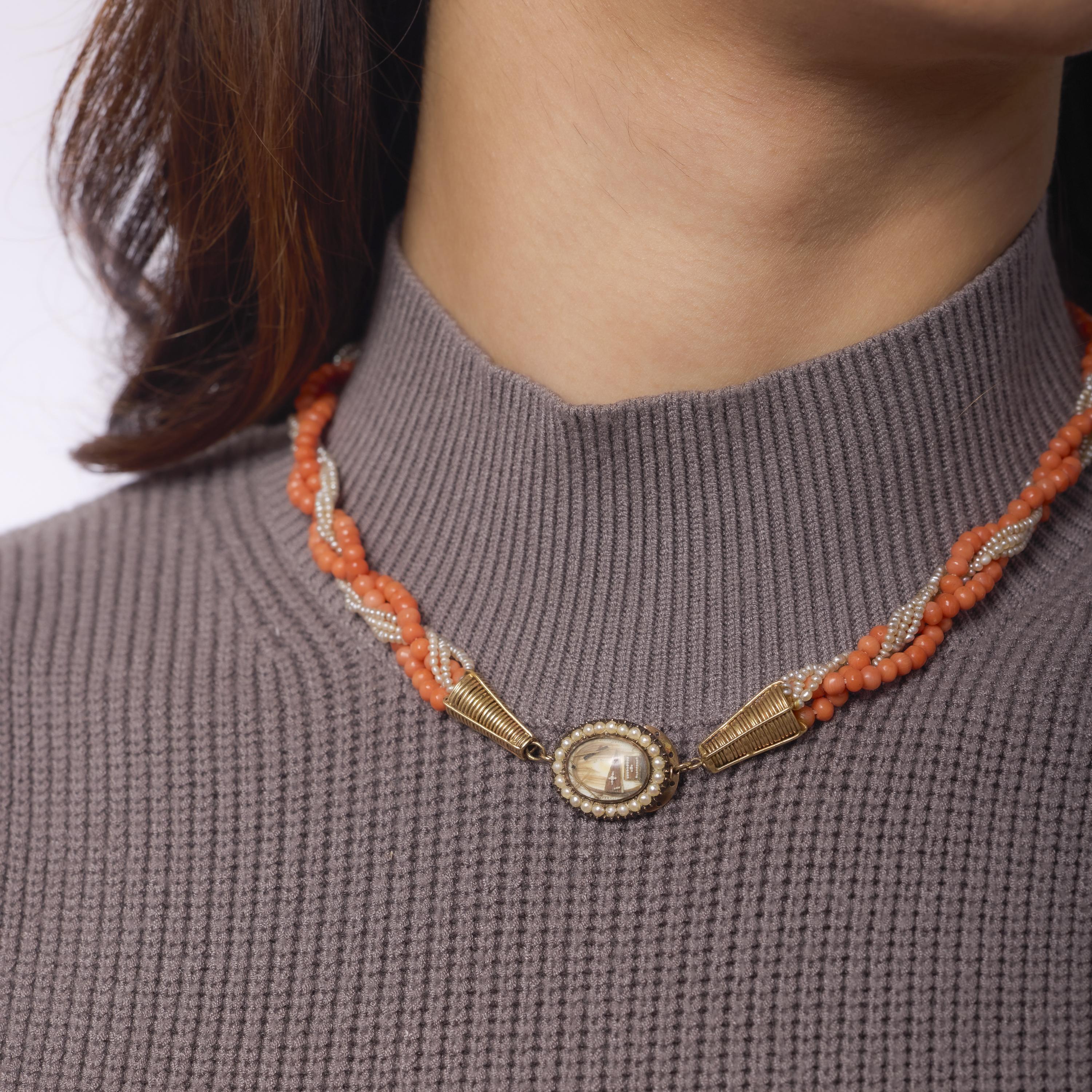 Round Cut Antique coral seed pearl 14k yellow gold mourning necklace For Sale