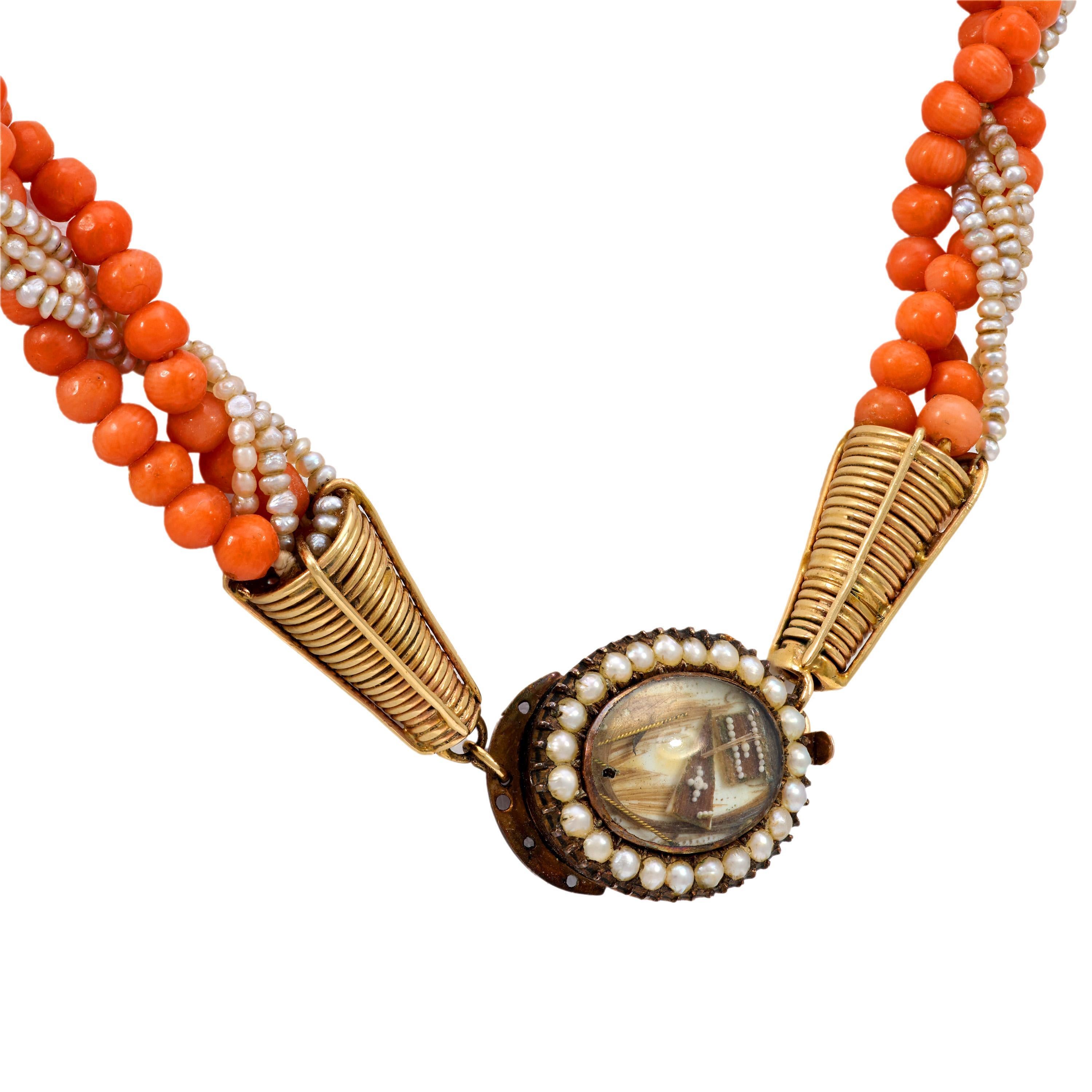 Antique coral seed pearl 14k yellow gold mourning necklace In Good Condition For Sale In Beverly Hills, CA