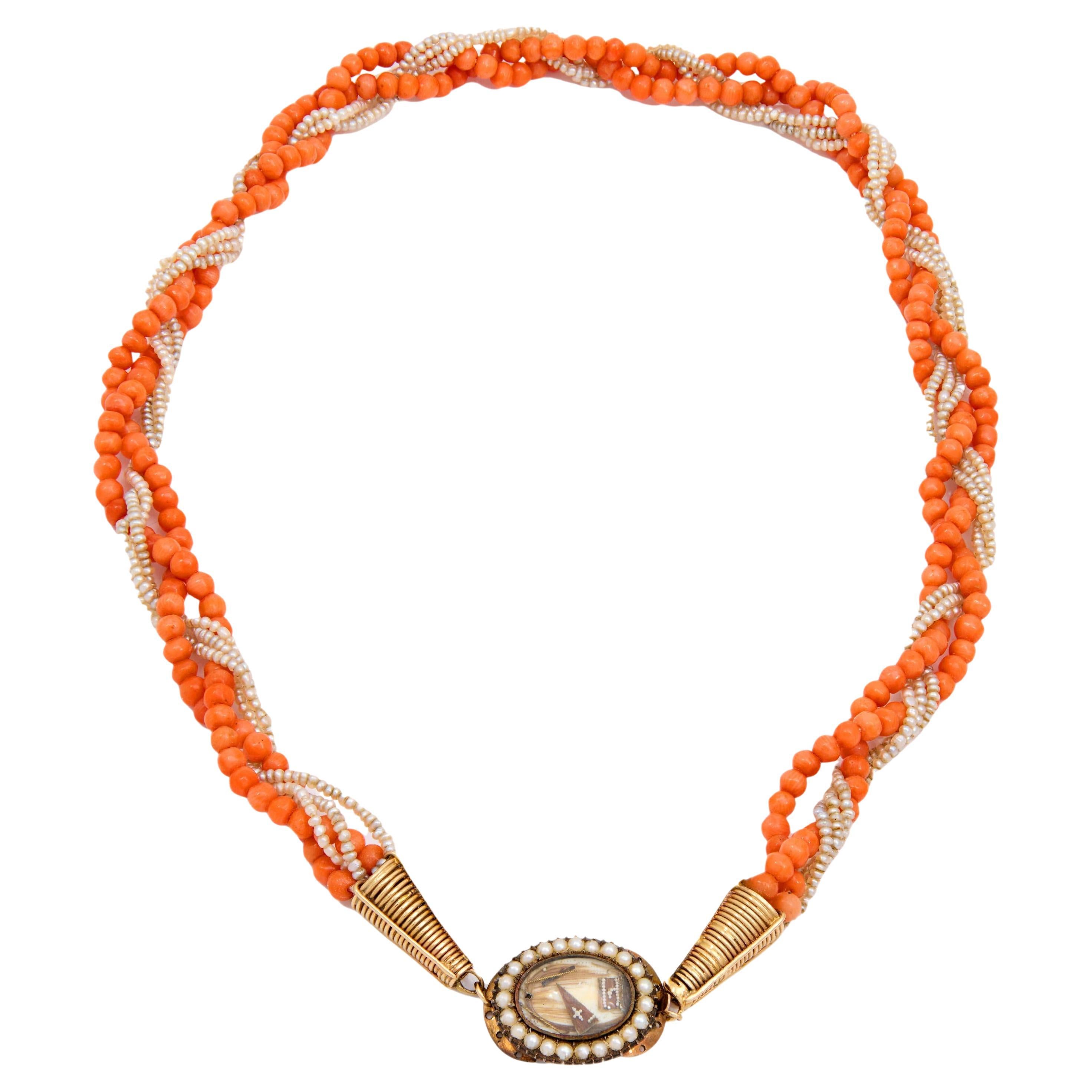 Antique coral seed pearl 14k yellow gold mourning necklace For Sale