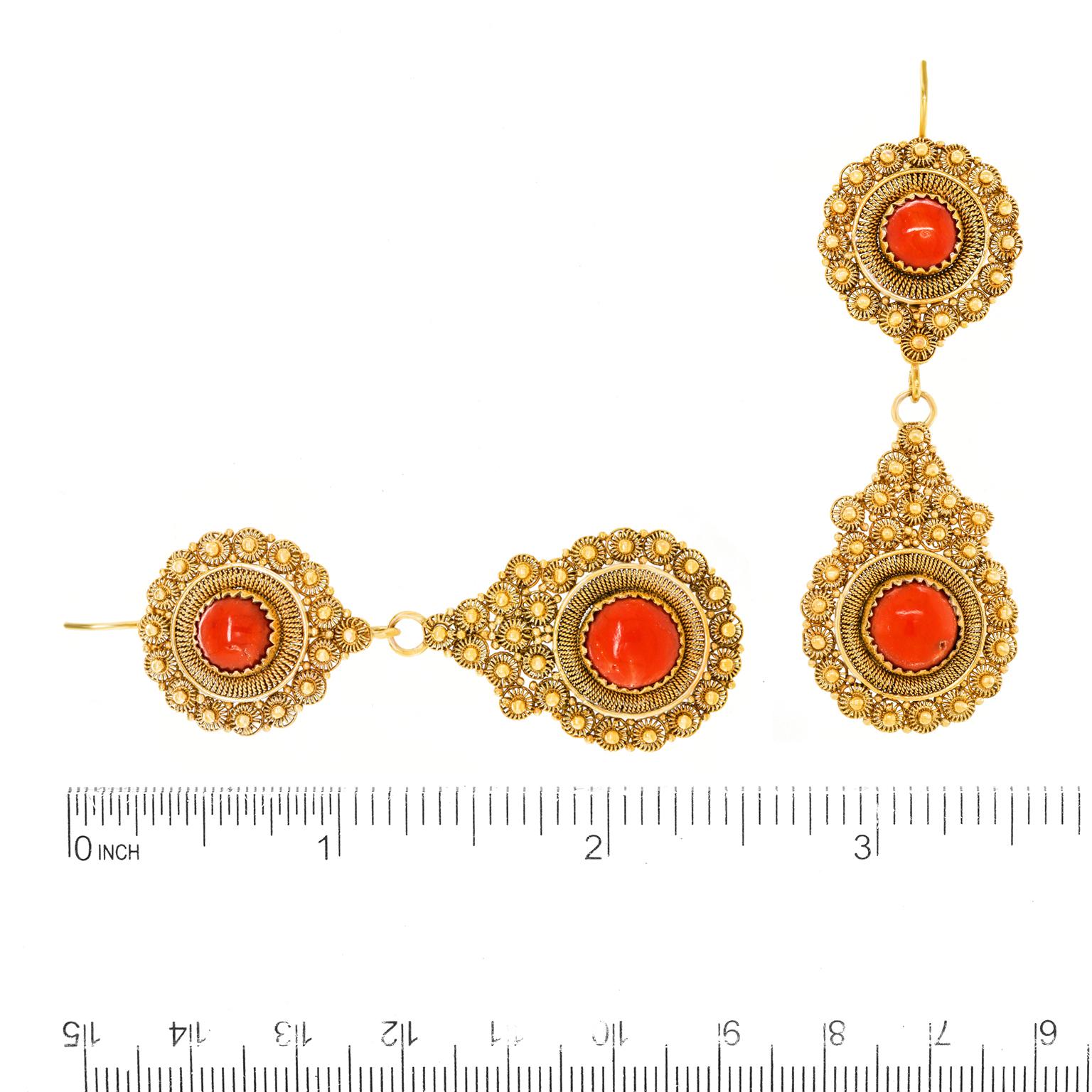 Victorian Antique Coral-Set Gold Earrings For Sale