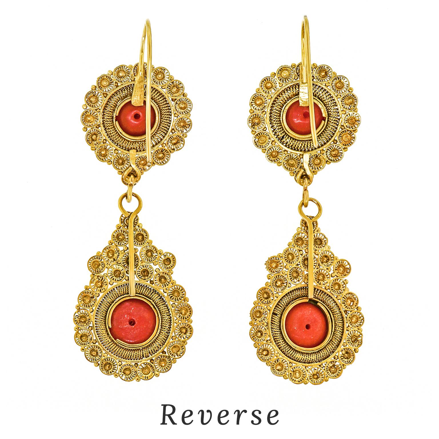 Cabochon Antique Coral-Set Gold Earrings For Sale