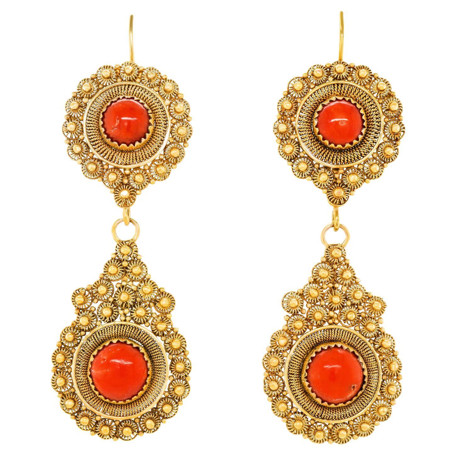 Antique Coral-Set Gold Earrings For Sale