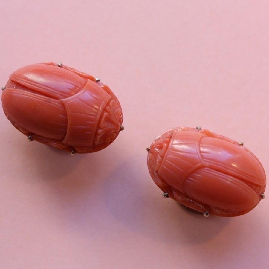 Victorian antique coral studs carved as scarabs For Sale
