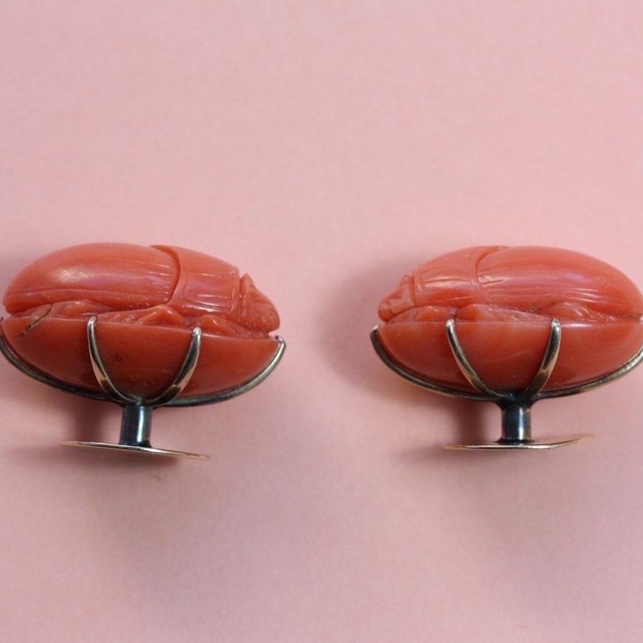 Women's or Men's antique coral studs carved as scarabs