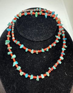 Antique Coral Turquoise Necklace Native American Indian 29 Inch Navajo Pueblo