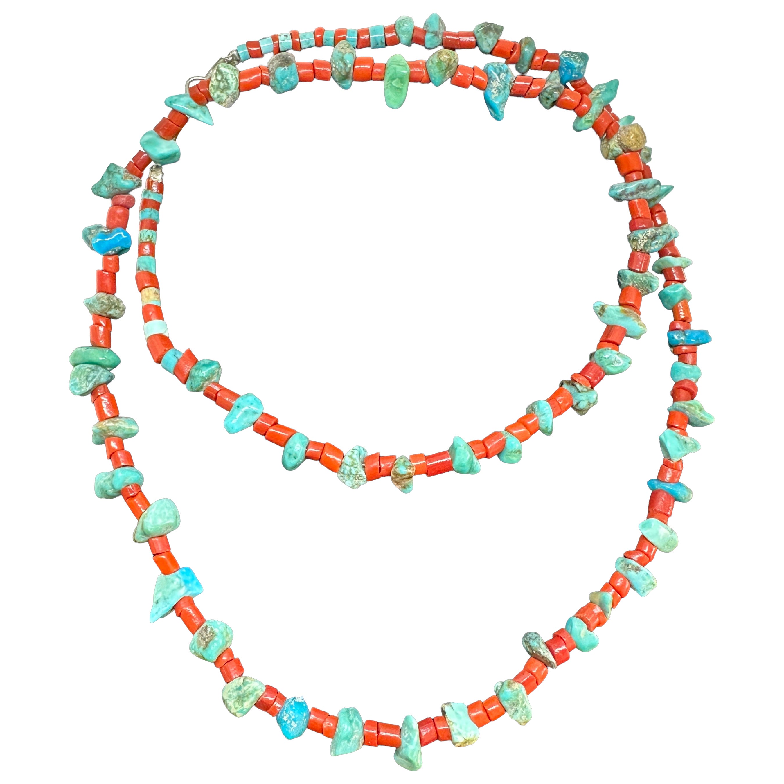 Collana antica di corallo e turchese di un nativo americano Navajo Pueblo da 29 pollici